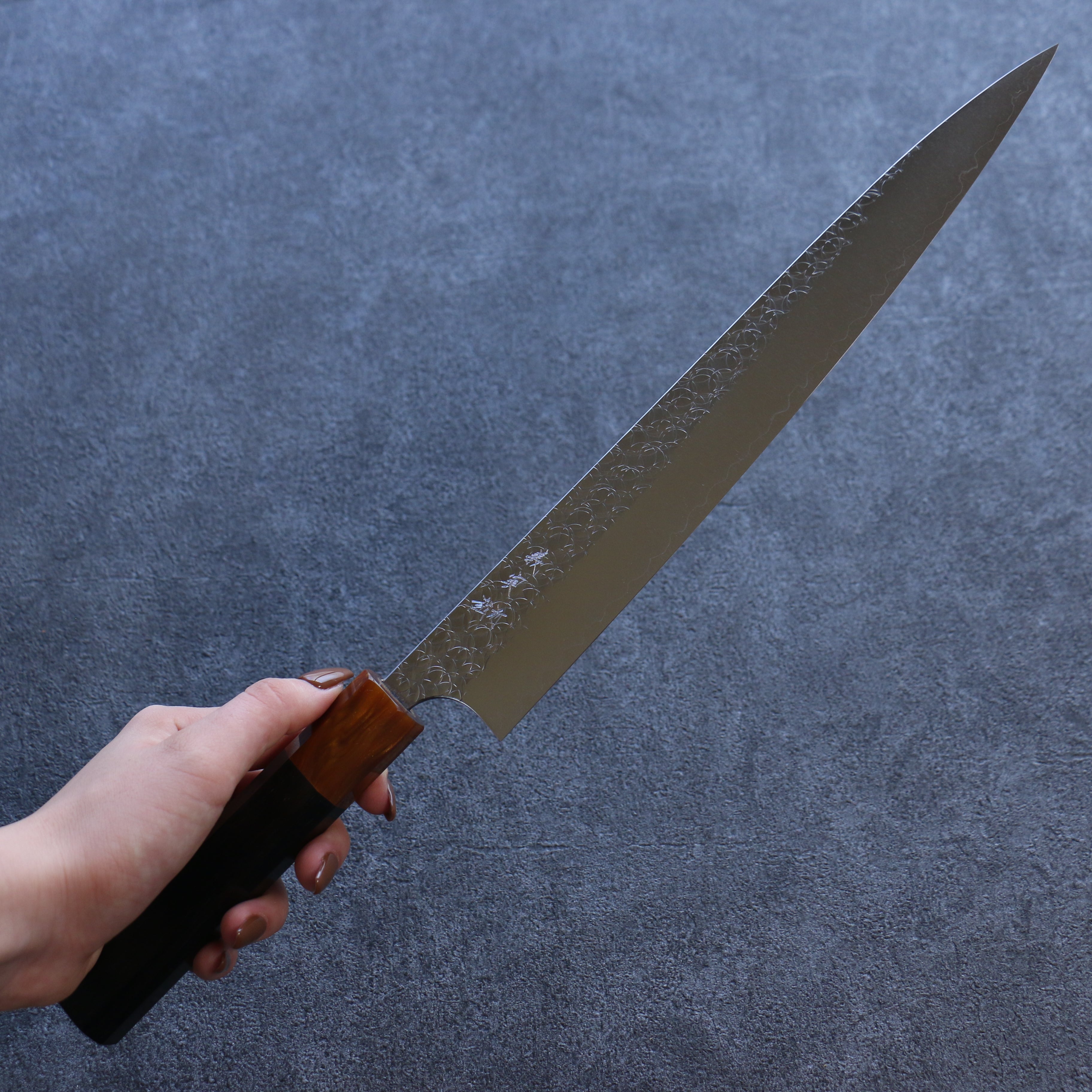 Yoshimi Kato Minamo SG2 Hammered Sujihiki 270mm Ebony (ferrule: Orange Resin) Handle - Seisuke Knife