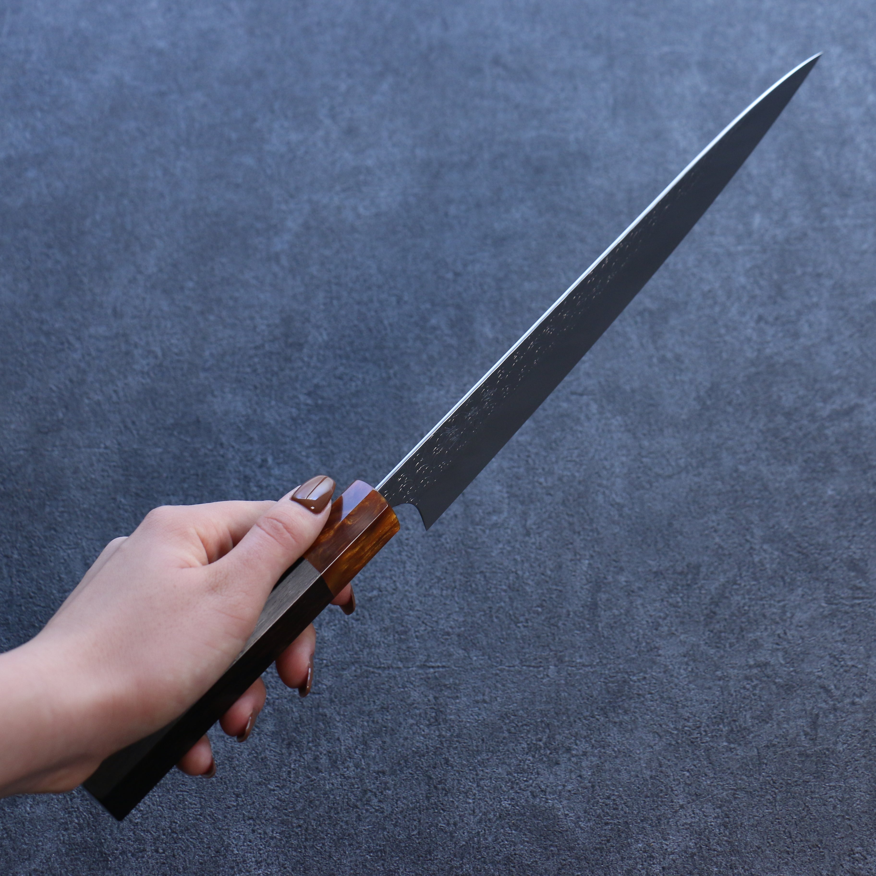 Yoshimi Kato Minamo SG2 Hammered Sujihiki 270mm Ebony (ferrule: Orange Resin) Handle - Seisuke Knife