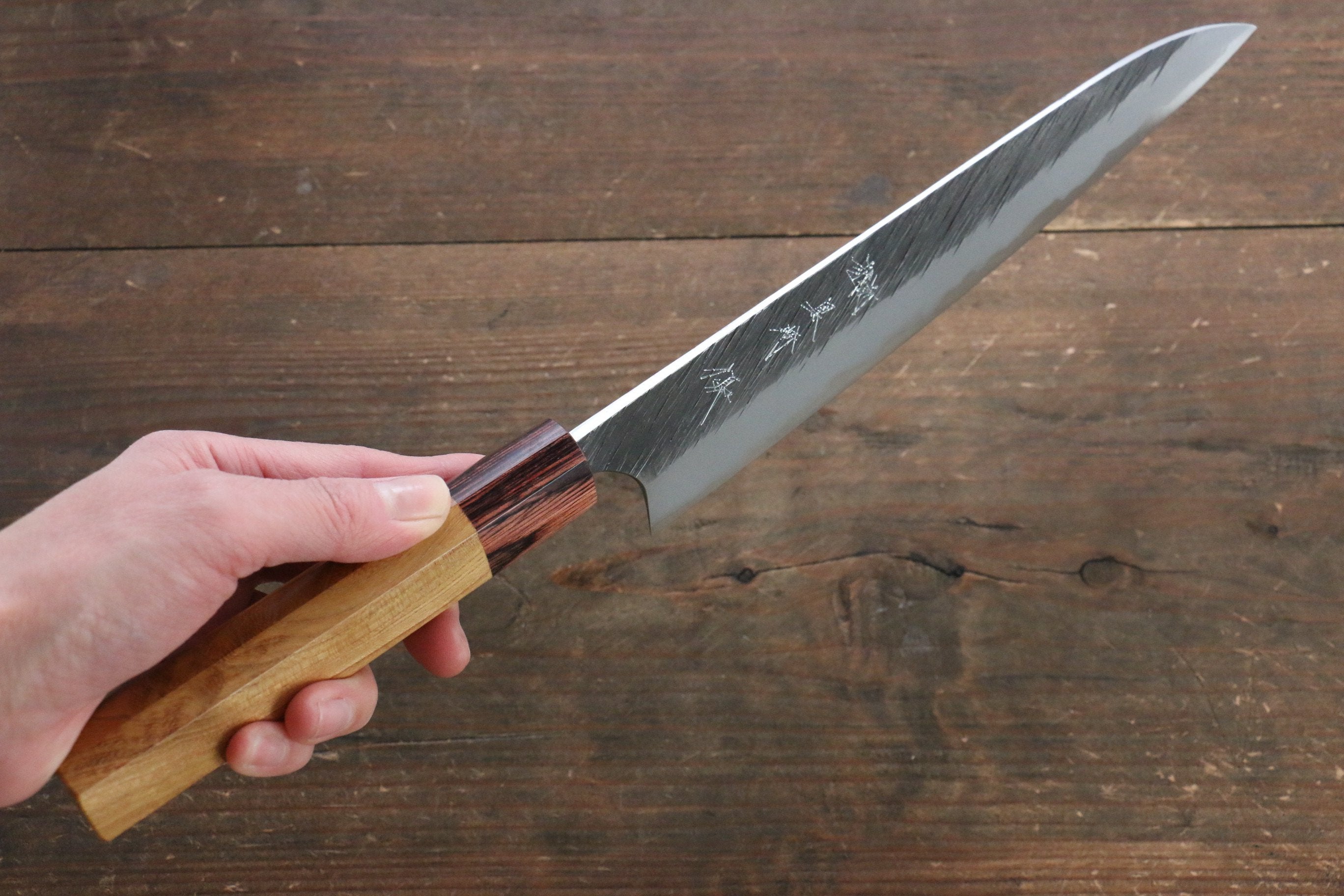 Yu Kurosaki Fujin Blue Super Hammered Gyuto 210mm with Keyaki Elm Handle - Seisuke Knife