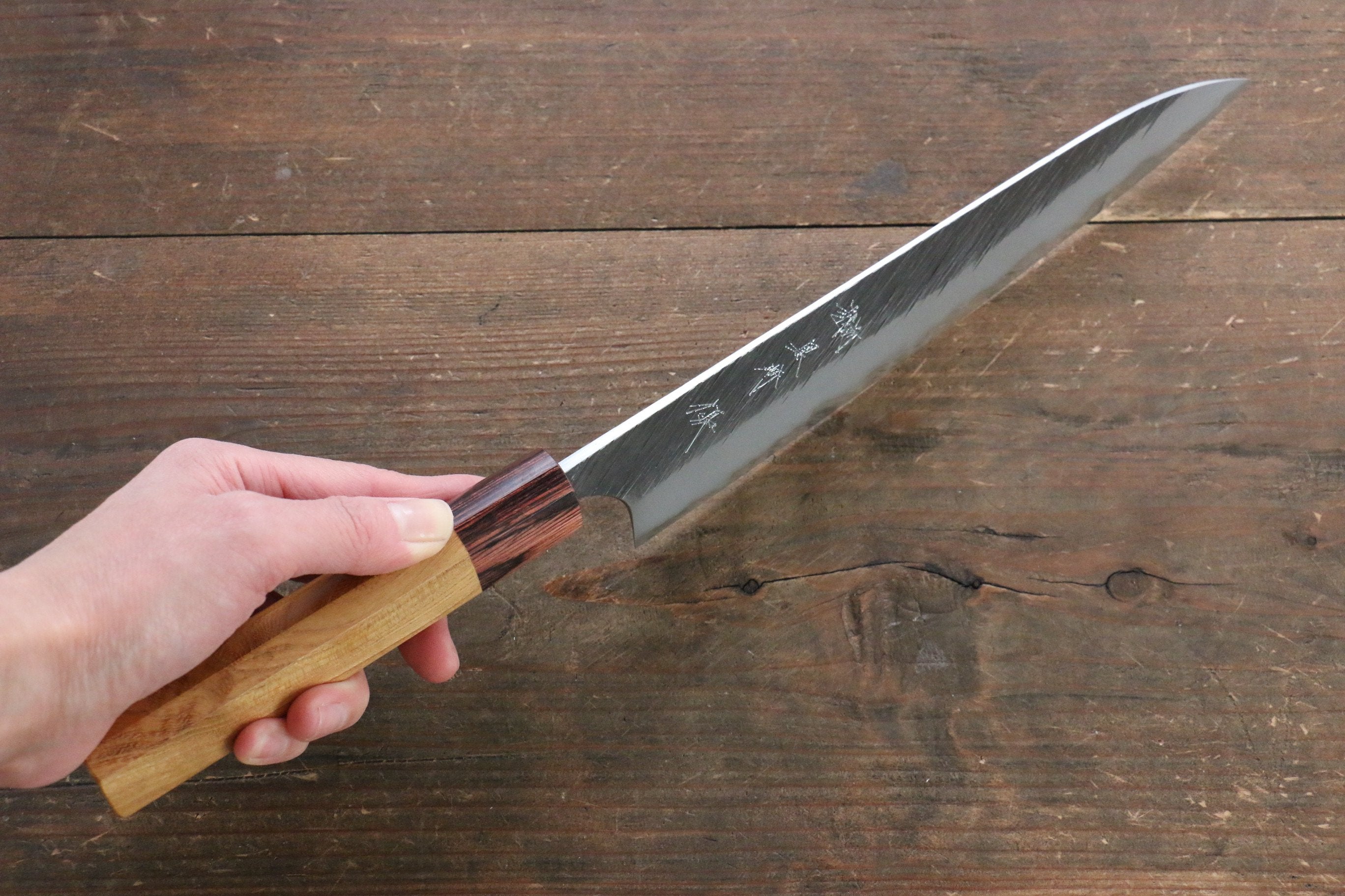 Yu Kurosaki Fujin Blue Super Hammered Gyuto 210mm with Keyaki Elm Handle - Seisuke Knife