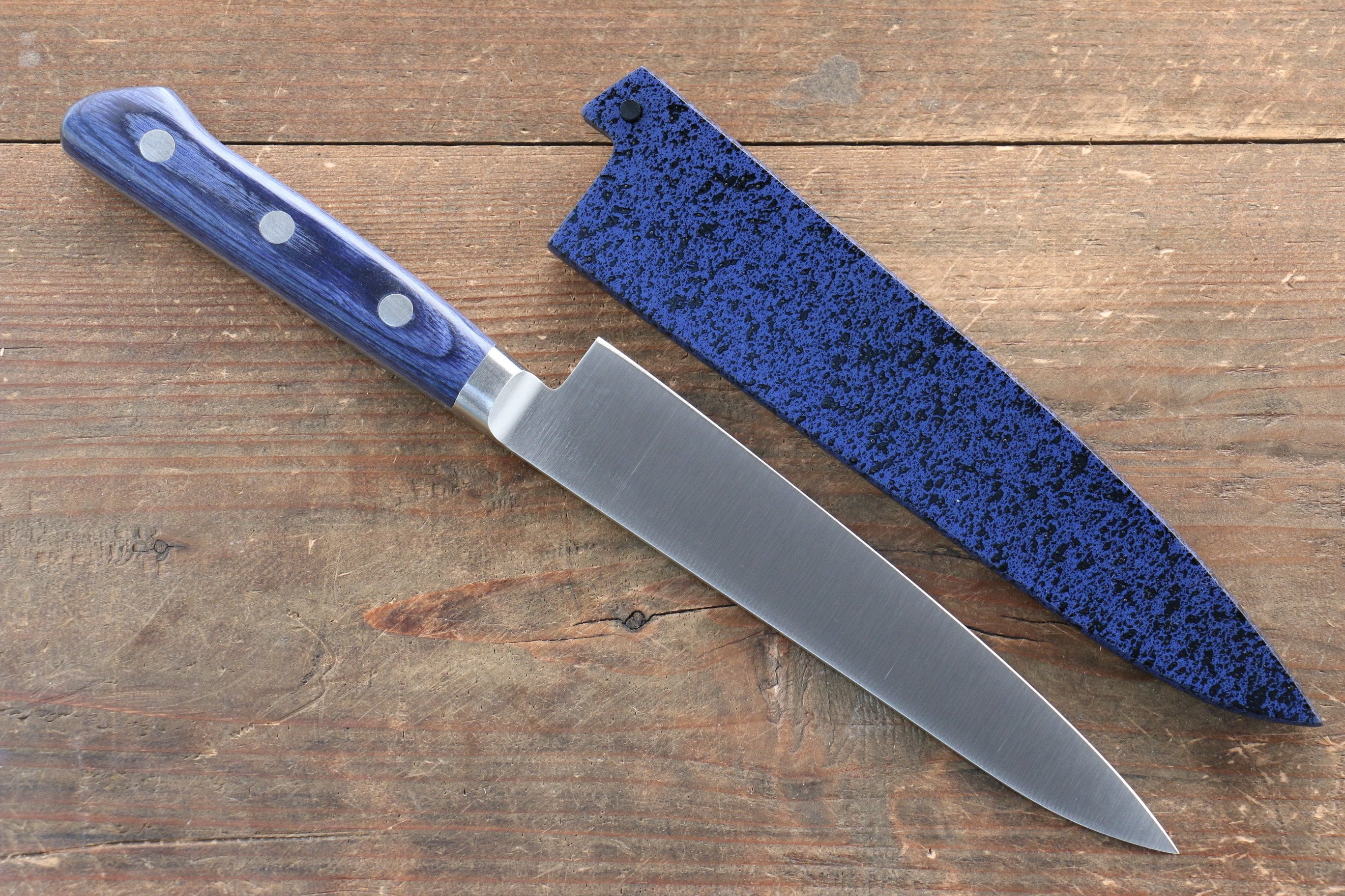 Seisuke Seiten Molybdenum Petty-Utility 120mm Blue Pakkawood Handle with Sheath - Seisuke Knife
