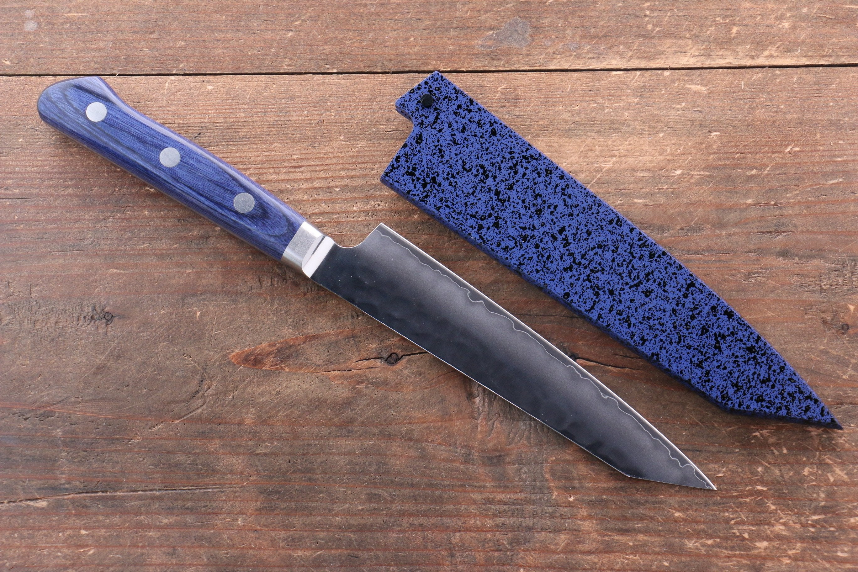Seisuke Aotsuchi AUS10 Hammered Kiritsuke Petty-Utility 140mm Blue Pakkawood Handle with Sheath - Seisuke Knife