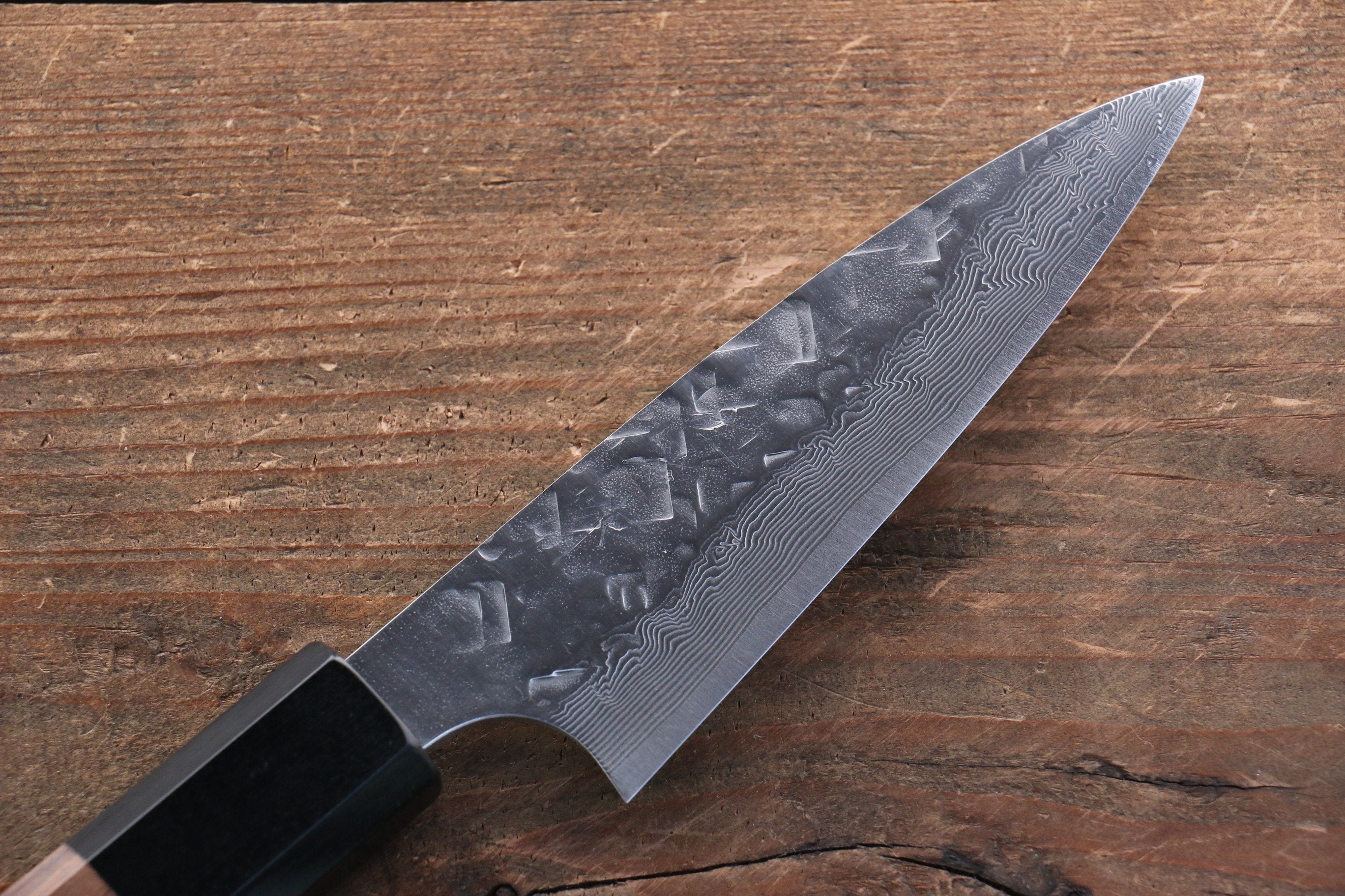 Takeshi Saji VG10 Diamond Finish Hammered Damascus Petty-Utility 90mm Walnut Handle - Seisuke Knife