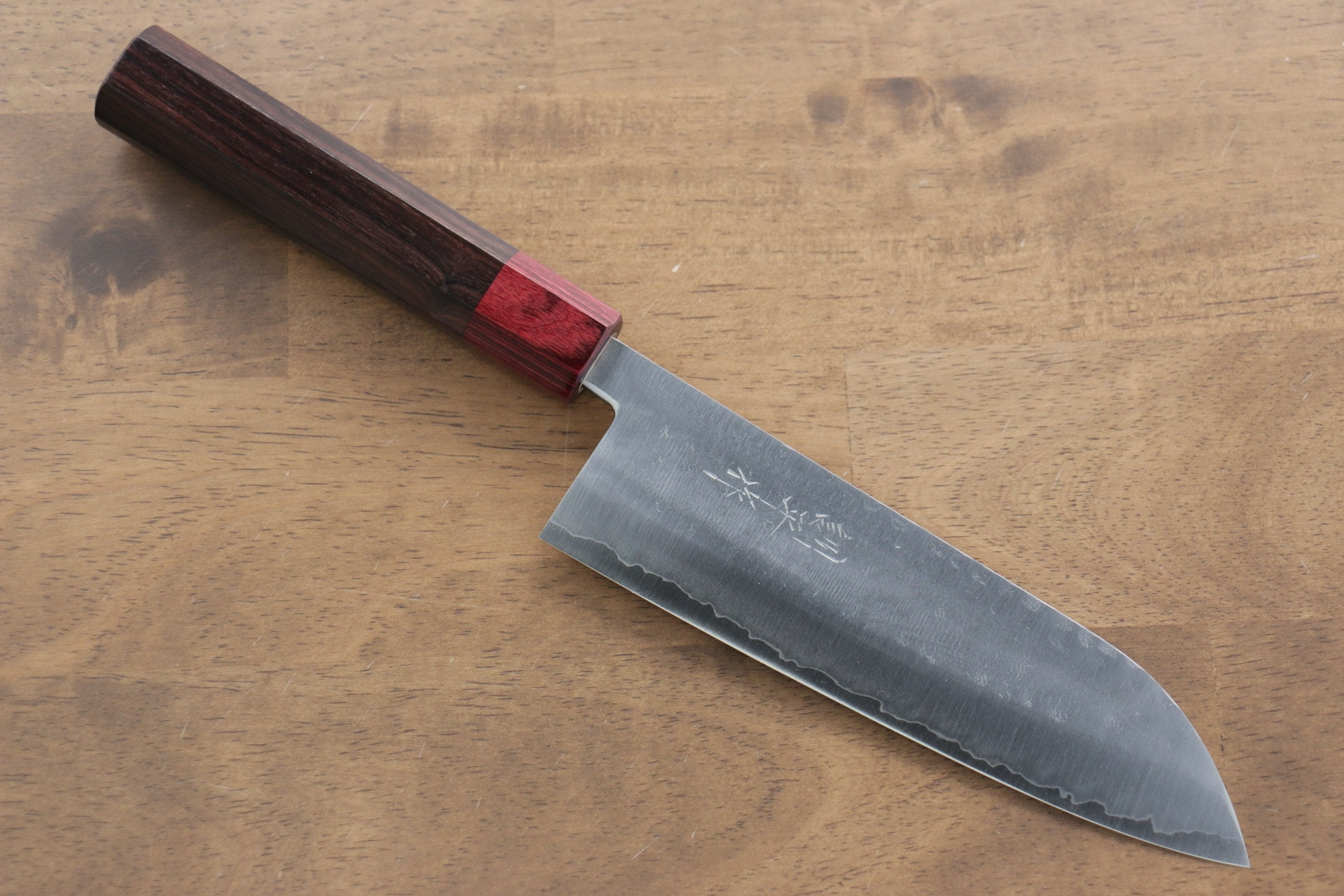 Kunihira VG1 Hammered Santoku 170mm with Shitan Handle and Red Pakkawood Ferrule - Seisuke Knife
