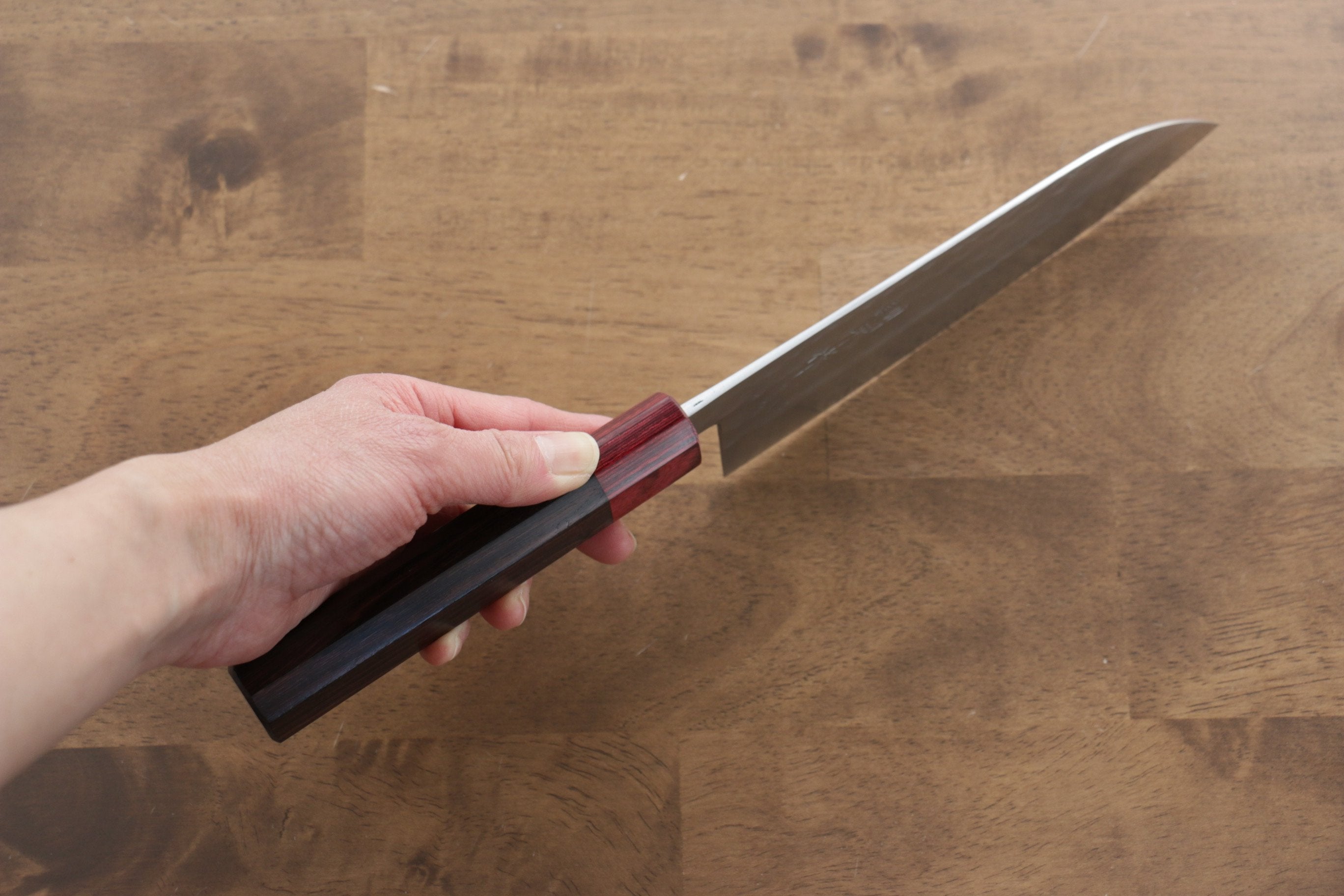 Kunihira VG1 Hammered Santoku 170mm with Shitan Handle and Red Pakkawood Ferrule - Seisuke Knife