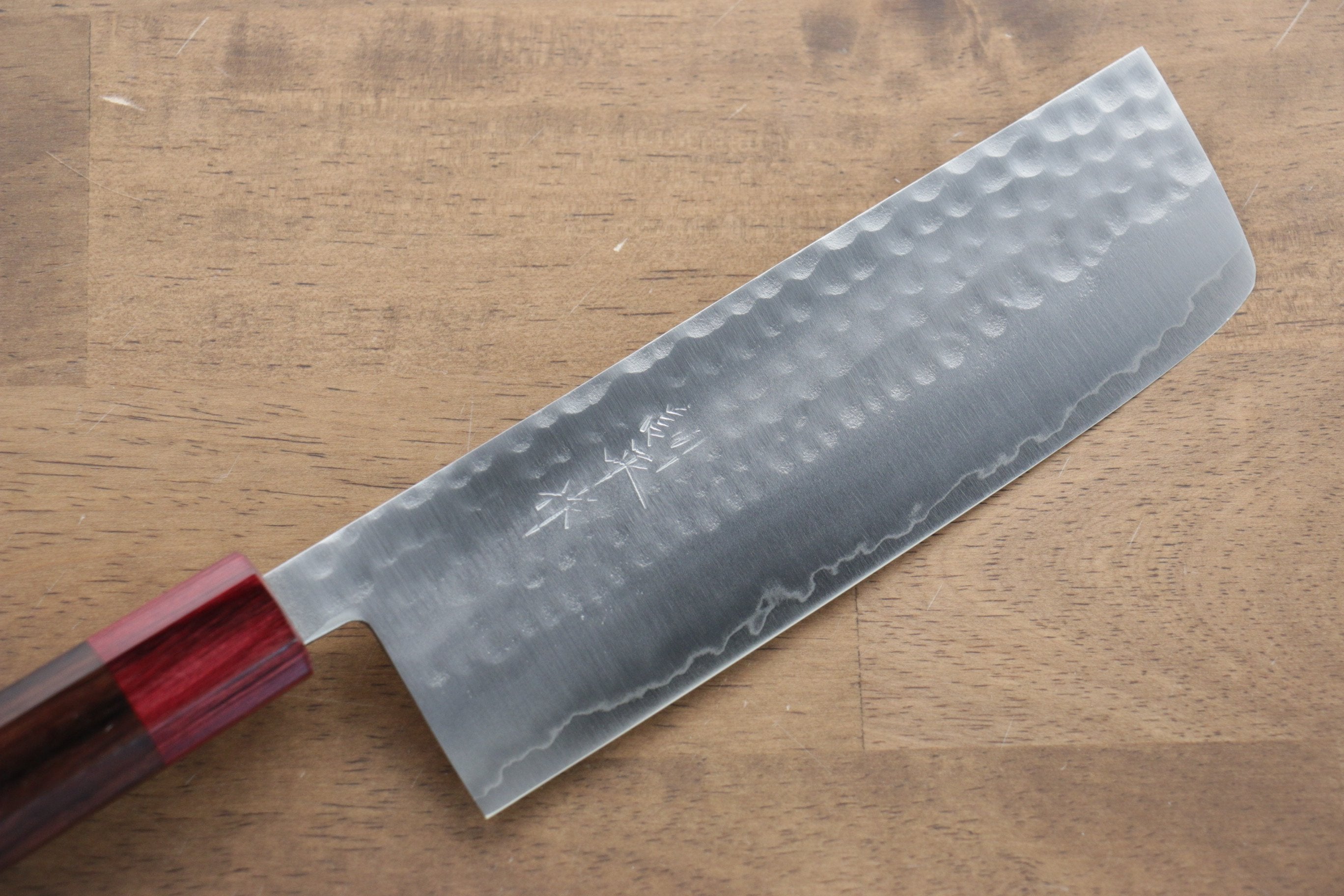 Kunihira VG1 Hammered Nakiri 165mm with Shitan Handle and Red Pakkawood Ferrule - Seisuke Knife