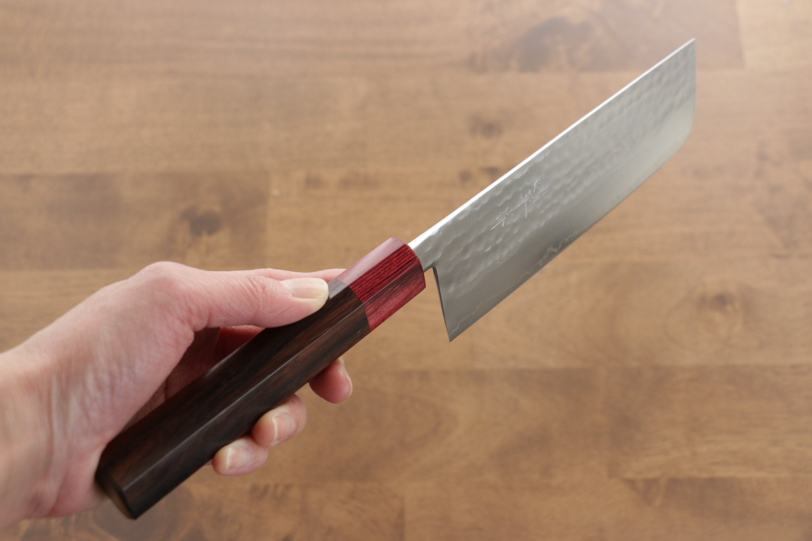 Kunihira VG1 Hammered Nakiri 165mm with Shitan Handle and Red Pakkawood Ferrule - Seisuke Knife