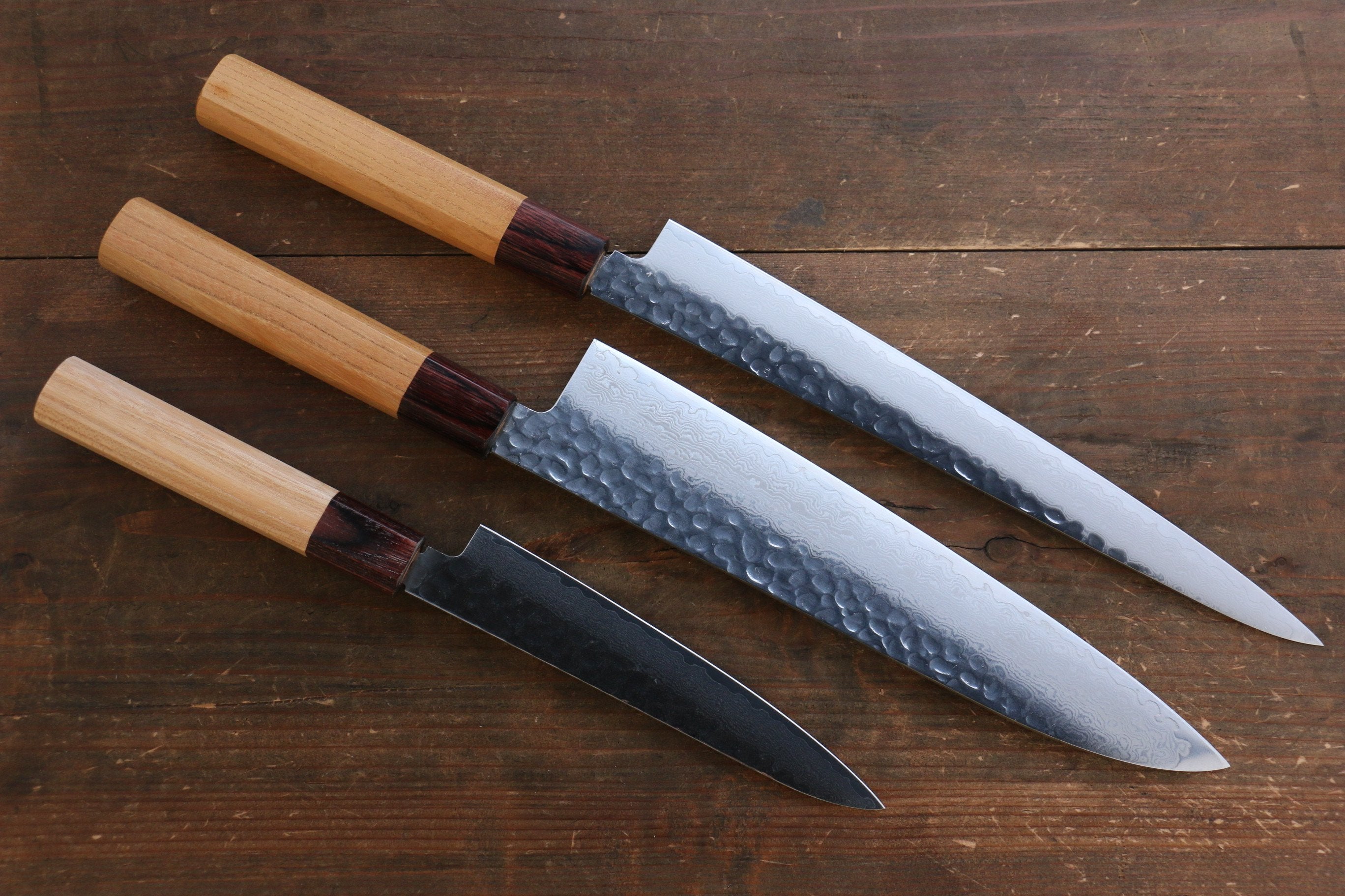 Sakai Takayuki VG10 33 Layer Damascus Sujihiki 240mm, Gyuto 240mm & Petty 150mm Keyaki Elm Handle Knife Set - Seisuke Knife