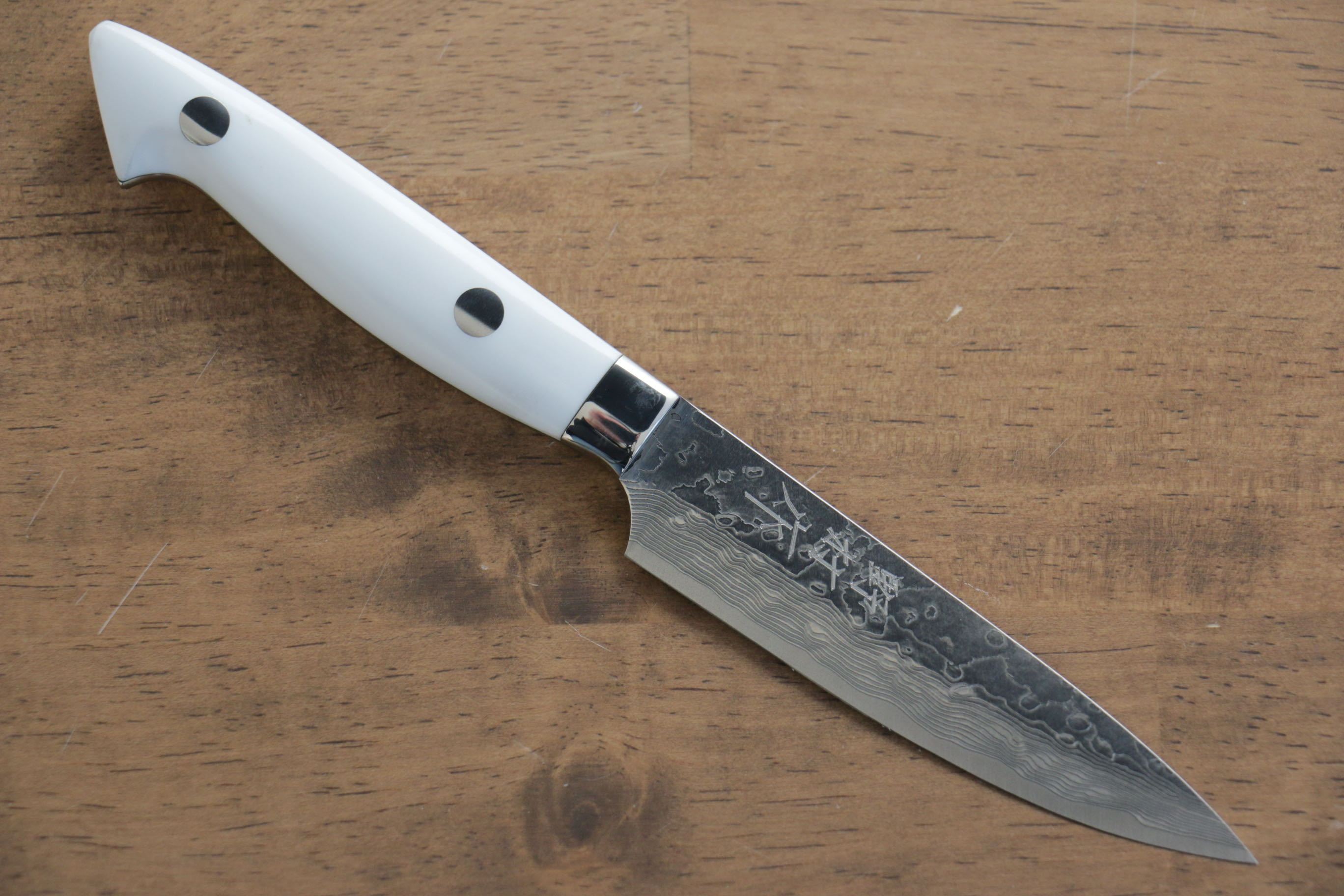 Kazuo Nomura VG10 Damascus Petty-Utility 100mm White Stone Handle - Seisuke Knife