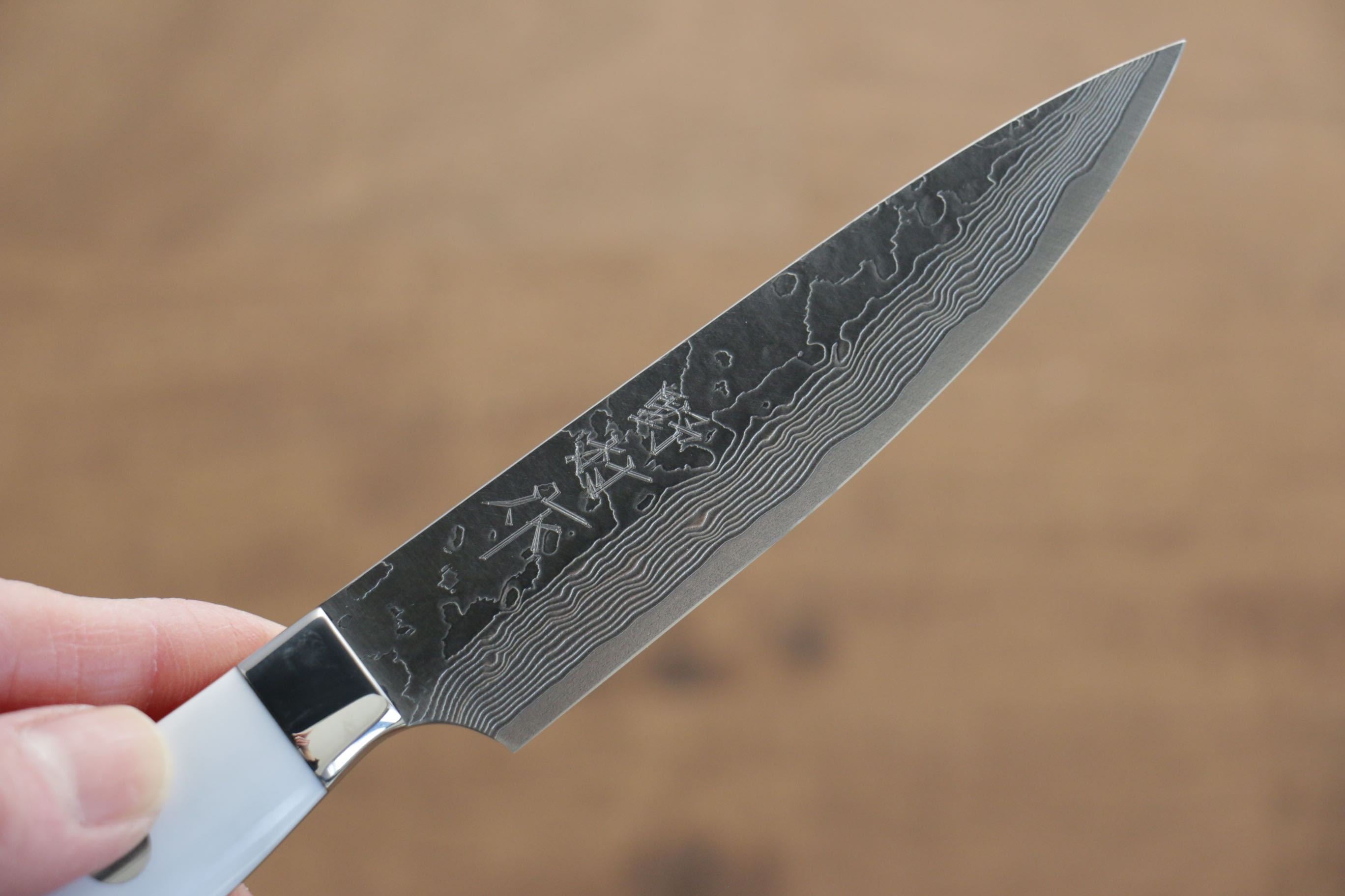 Kazuo Nomura VG10 Damascus Petty-Utility 100mm White Stone Handle - Seisuke Knife