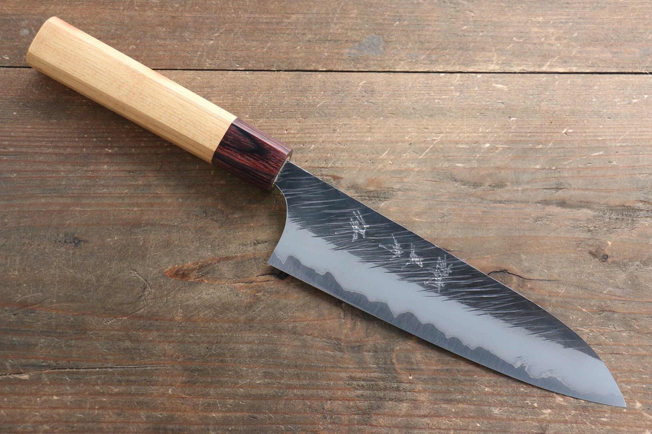 Yu Kurosaki Fujin Blue Super Hammered Gyuto 180mm Keyaki Elm Handle - Seisuke Knife