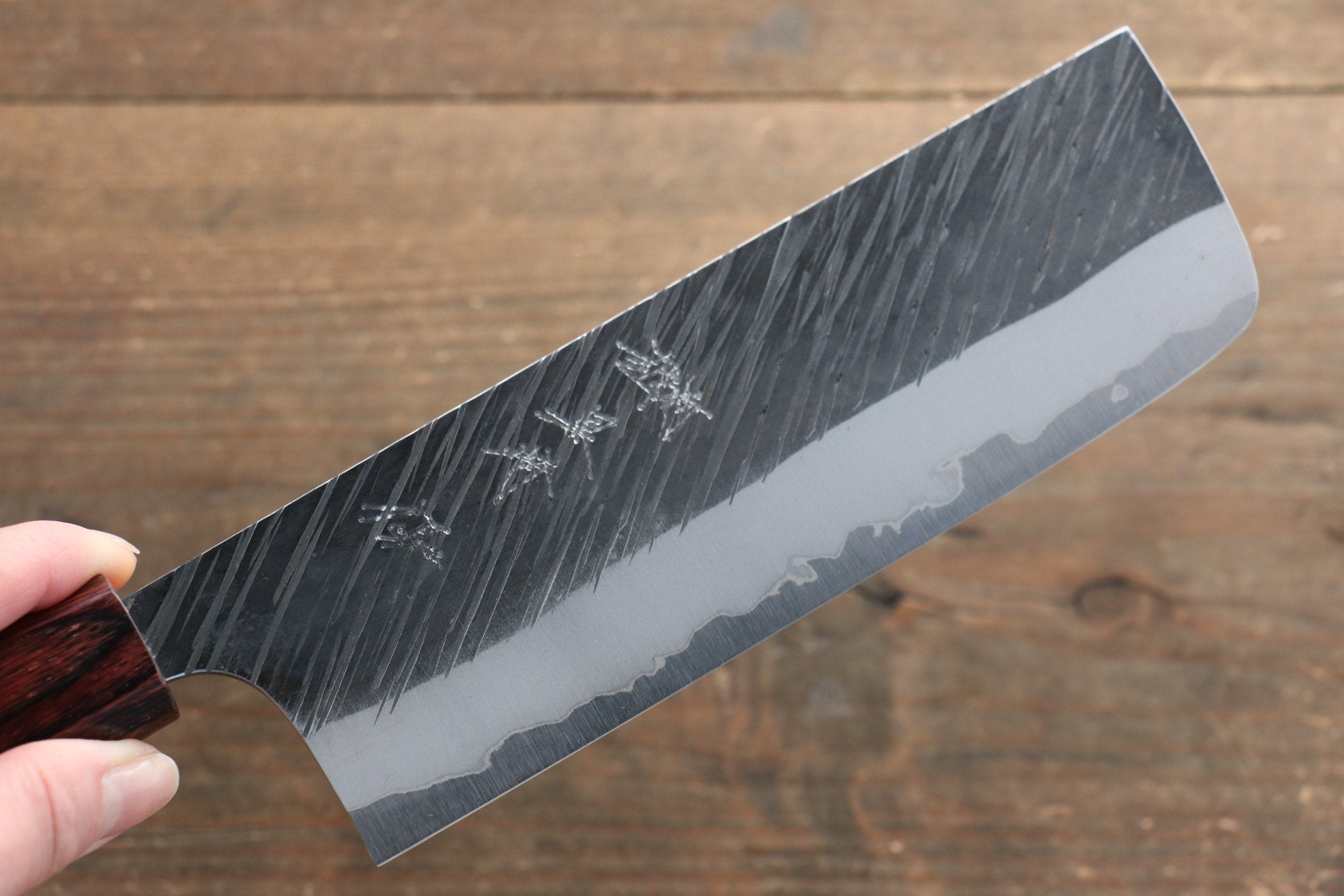 Yu Kurosaki Fujin Blue Super Hammered Nakiri 165mm with Keyaki Elm Handle - Seisuke Knife