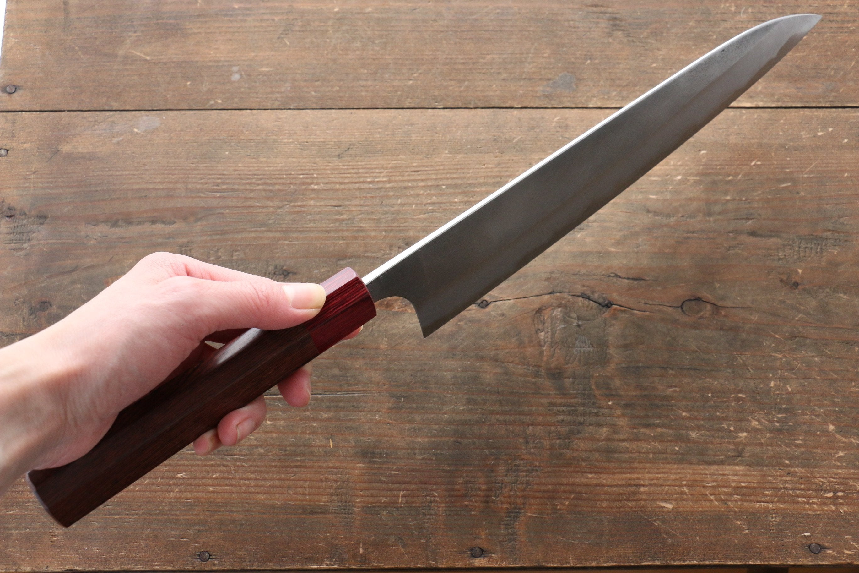 Yoshimi Kato Blue Super Nashiji Gyuto 240mm with Red Honduras Handle - Seisuke Knife