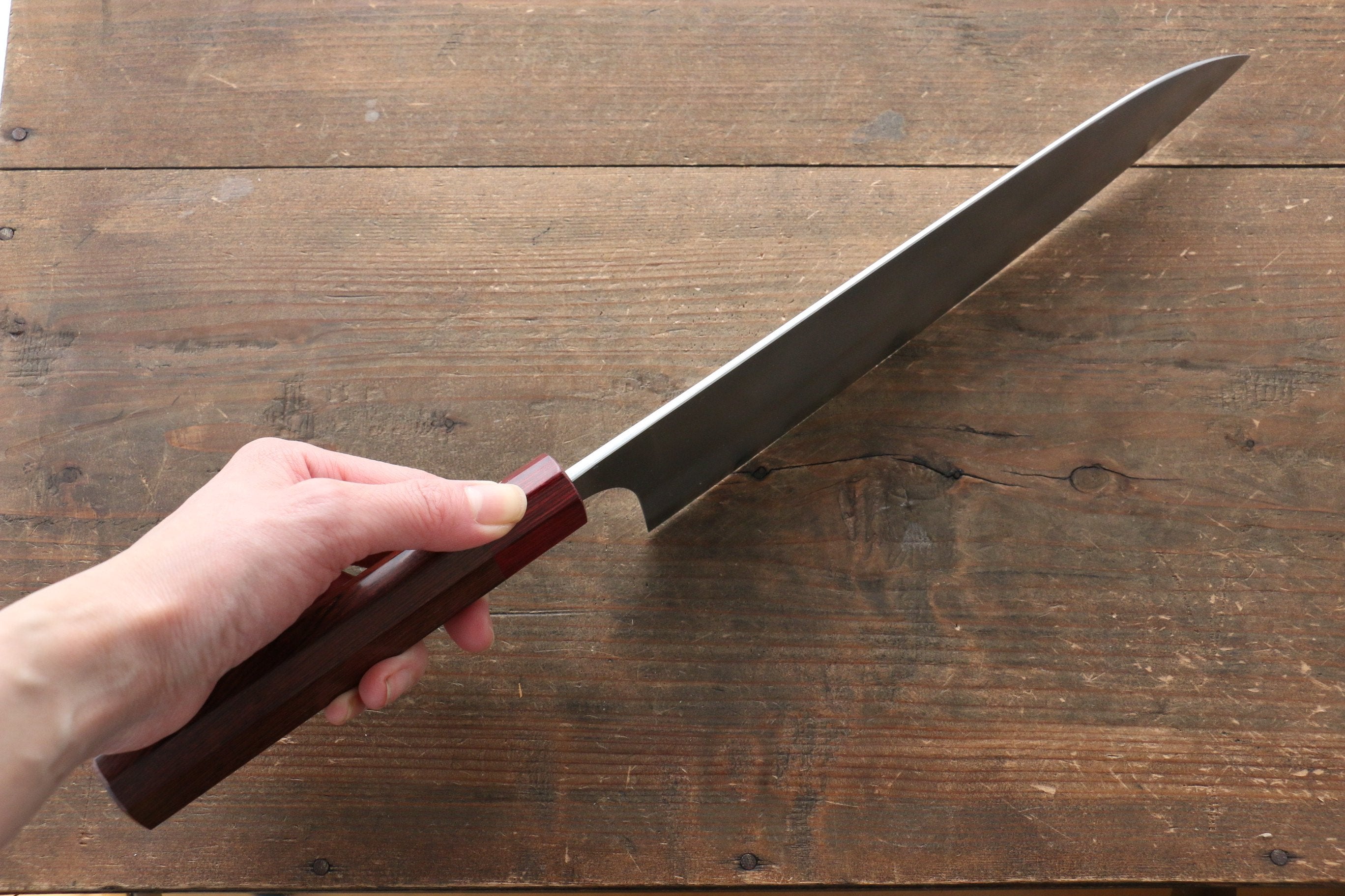 Yoshimi Kato Blue Super Nashiji Gyuto 240mm with Red Honduras Handle - Seisuke Knife