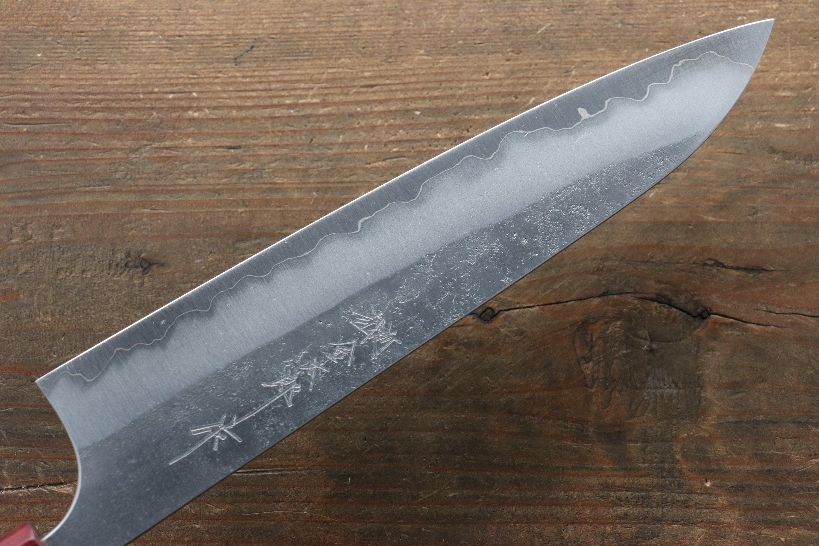 Yoshimi Kato Blue Super Nashiji Gyuto 210mm with Red Honduras Handle - Seisuke Knife