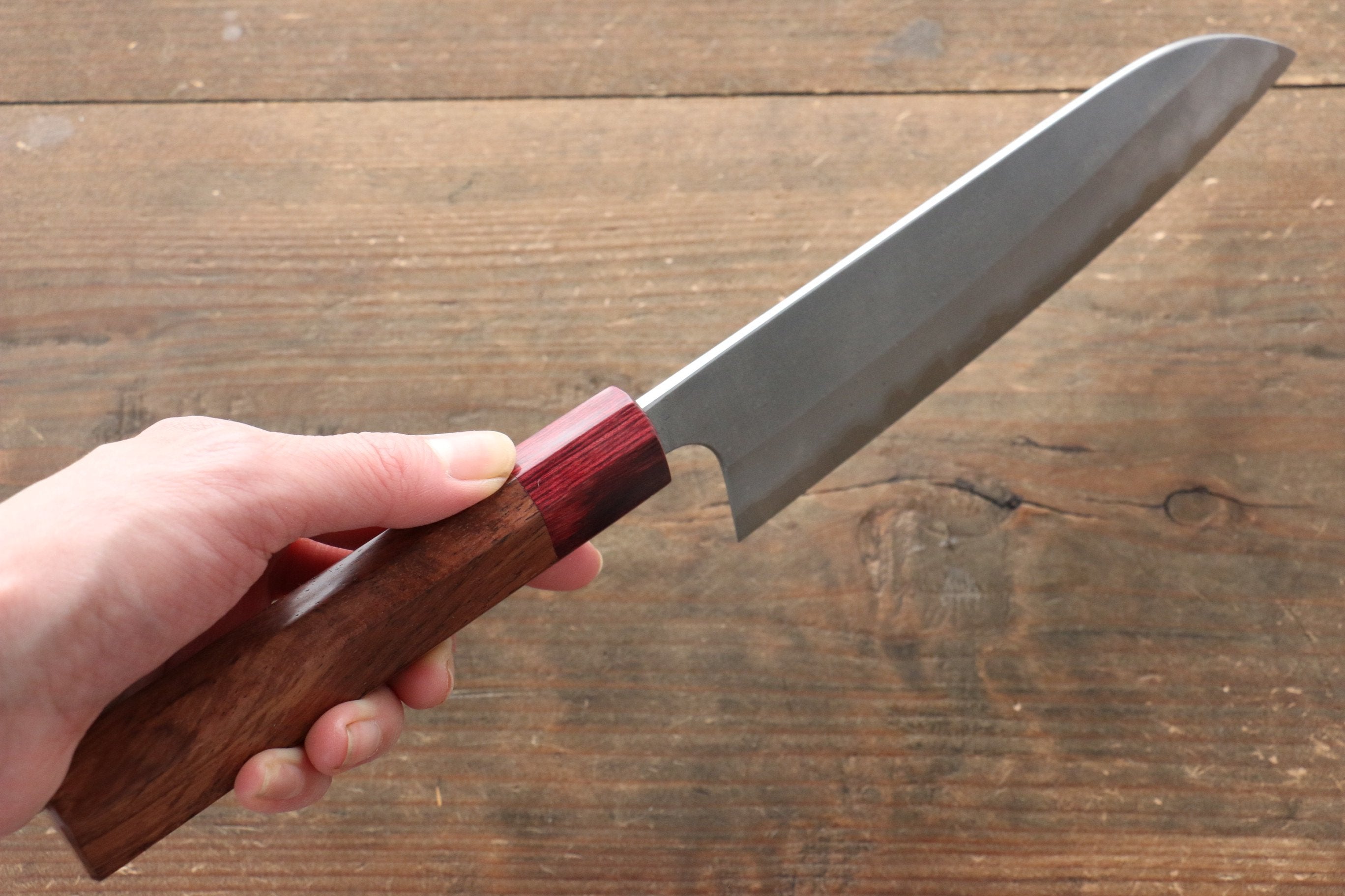 Yoshimi Kato Blue Super Nashiji Santoku 170mm with Red Honduras Handle - Seisuke Knife