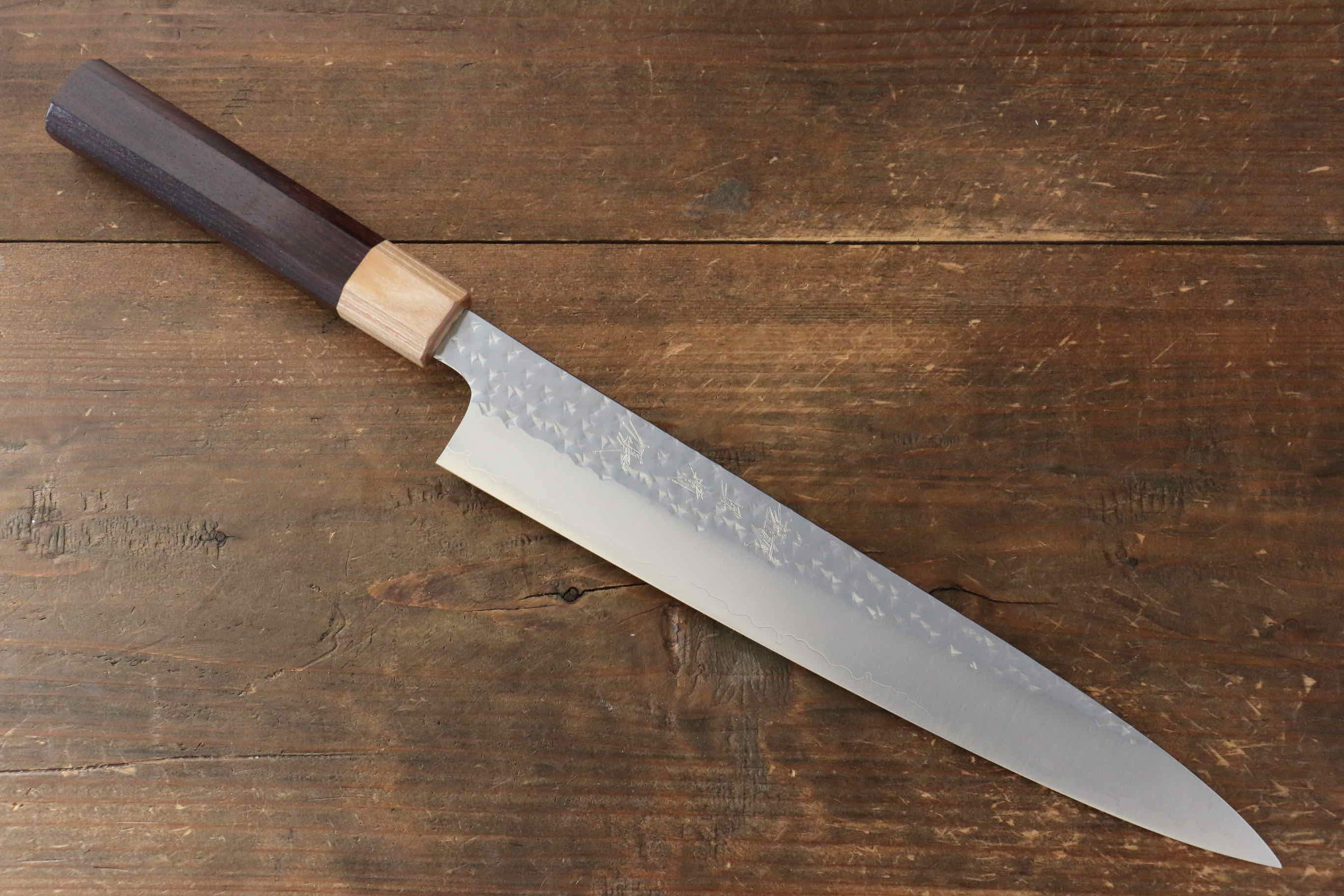 Yu Kurosaki Senko SG2 Hammered Sujihiki 240mm with Shitan Handle (Blonde Ferrule) - Seisuke Knife
