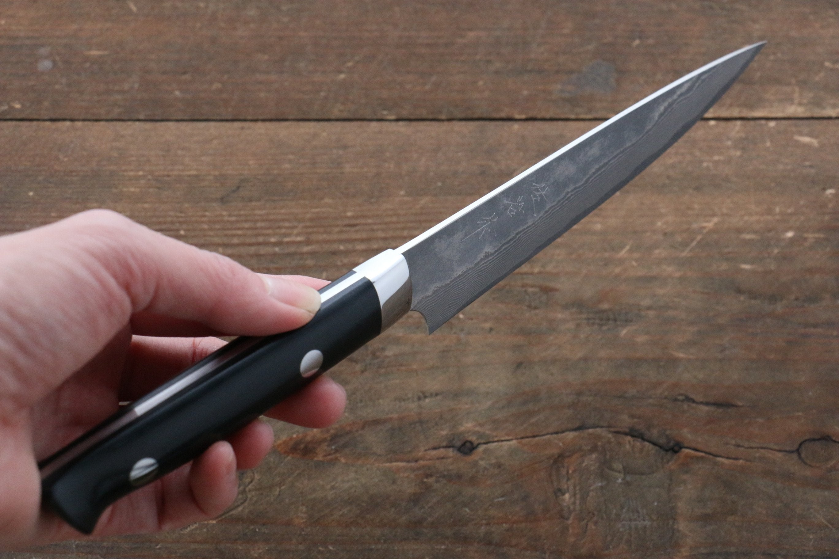 Takeshi Saji VG10 Black Damascus Petty-Utility 135mm Black Micarta Handle with Sheath - Seisuke Knife