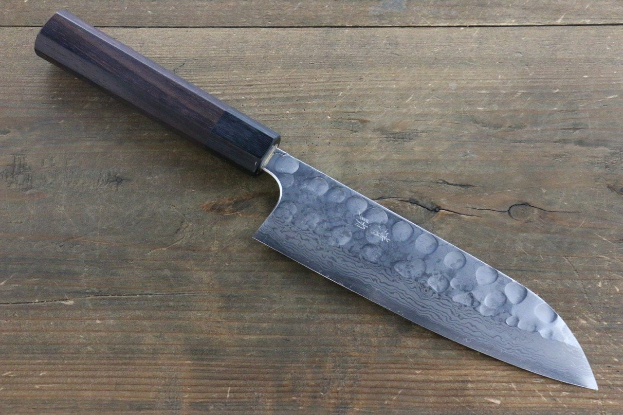 Seisuke Blue Steel No.2 Hammered Damascus Santoku 180mm Shitan Handle - Seisuke Knife