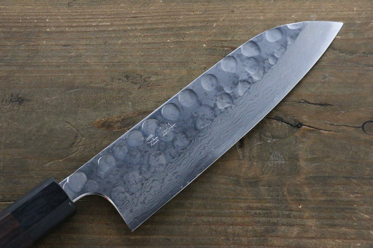 Seisuke Blue Steel No.2 Hammered Damascus Santoku 180mm Shitan Handle - Seisuke Knife