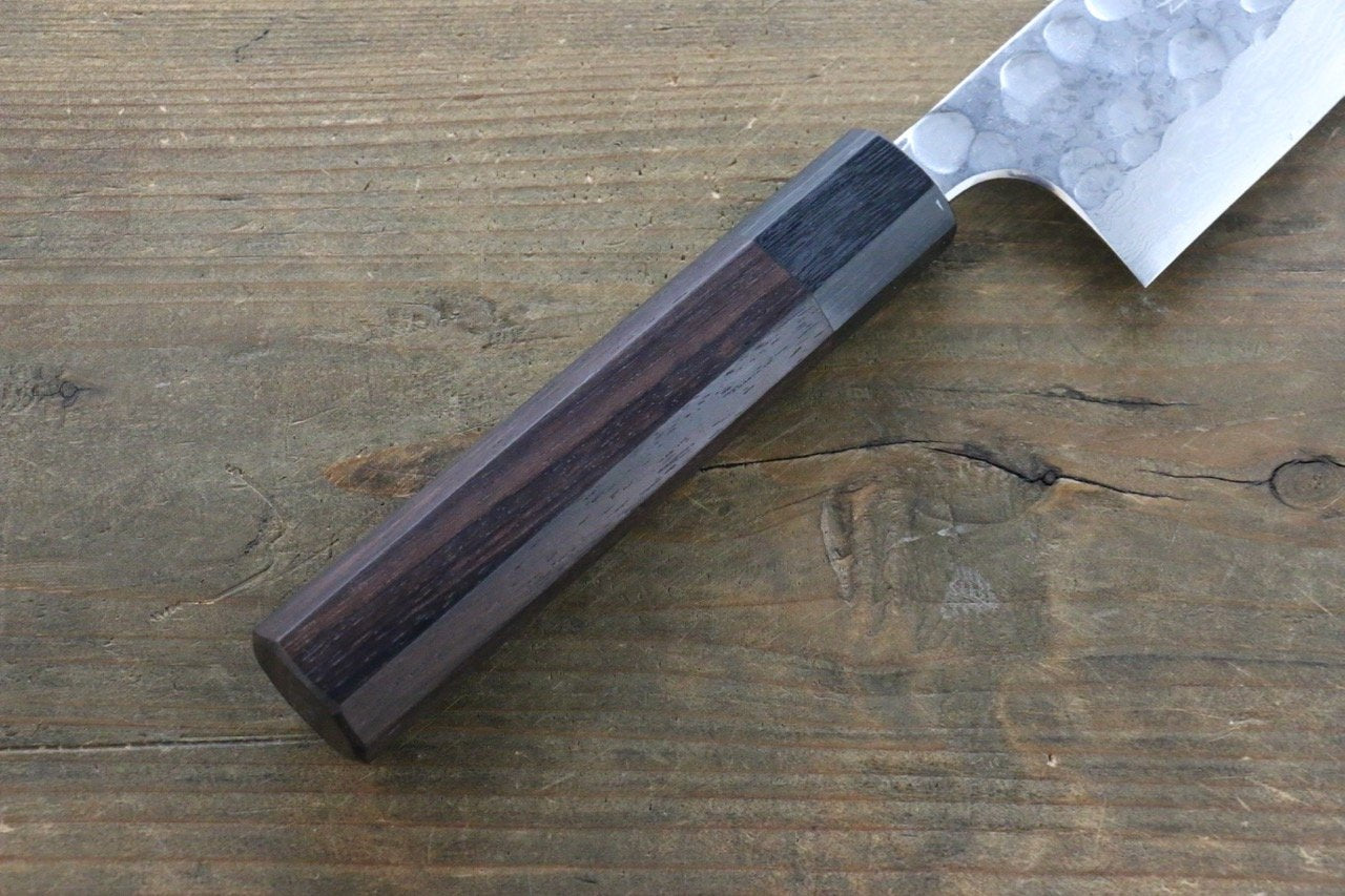 Seisuke Blue Steel No.2 Hammered Damascus Santoku 180mm Shitan Handle - Seisuke Knife