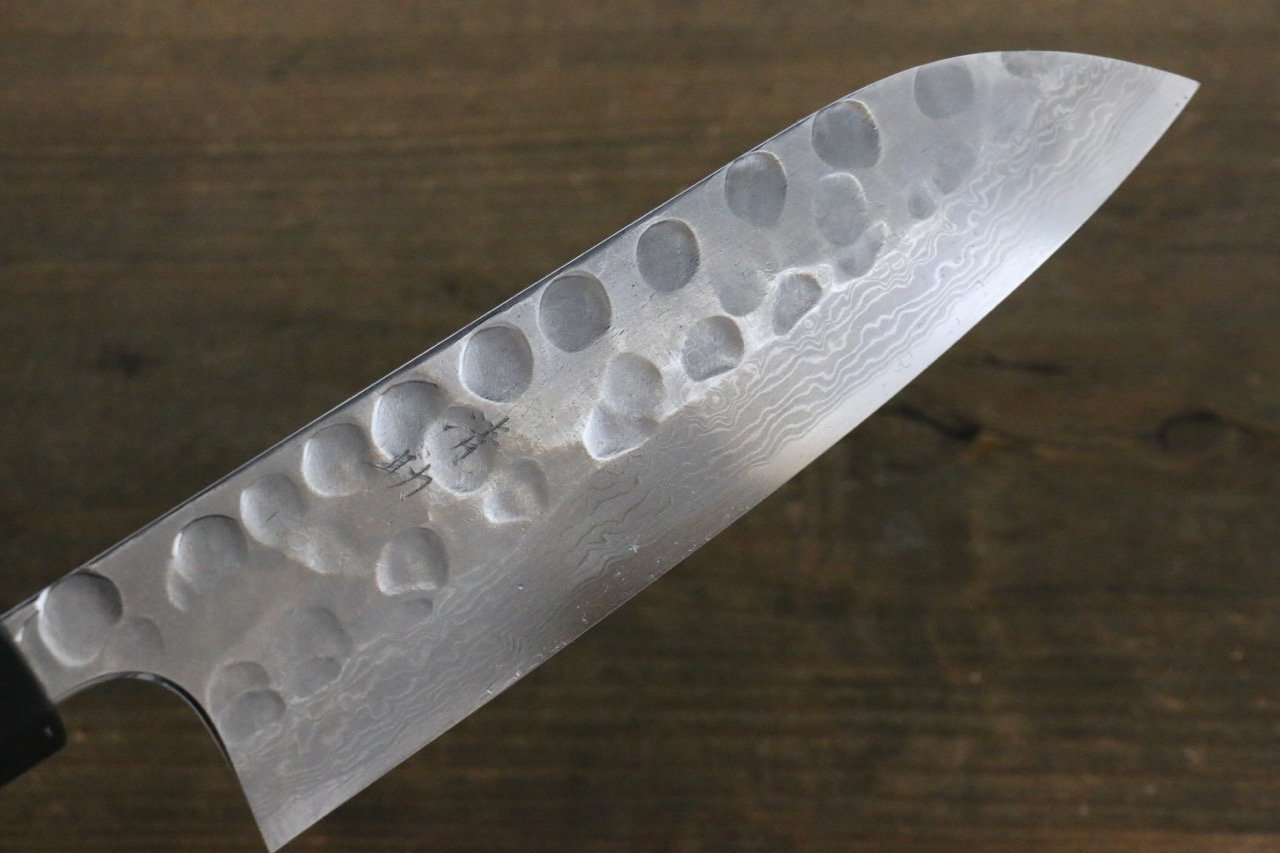 Seisuke Blue Steel No.2 Hammered Damascus Santoku 180mm Shitan Handle - Seisuke Knife
