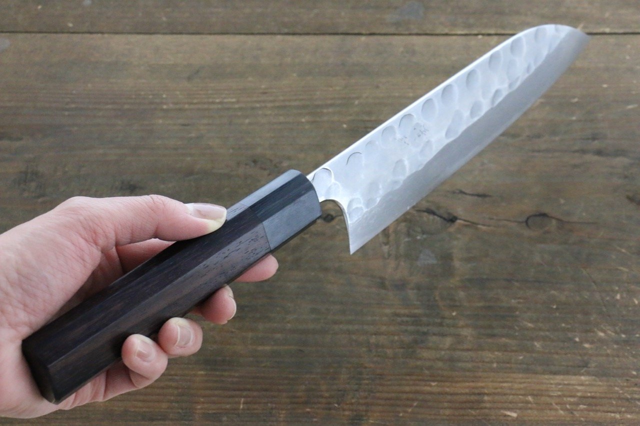 Seisuke Blue Steel No.2 Hammered Damascus Santoku 180mm Shitan Handle - Seisuke Knife