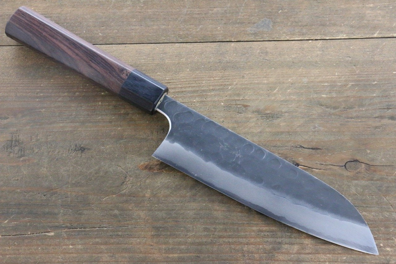 Seisuke Blue Steel No.2 Hammered Kurouchi Santoku 165mm Shitan Handle - Seisuke Knife