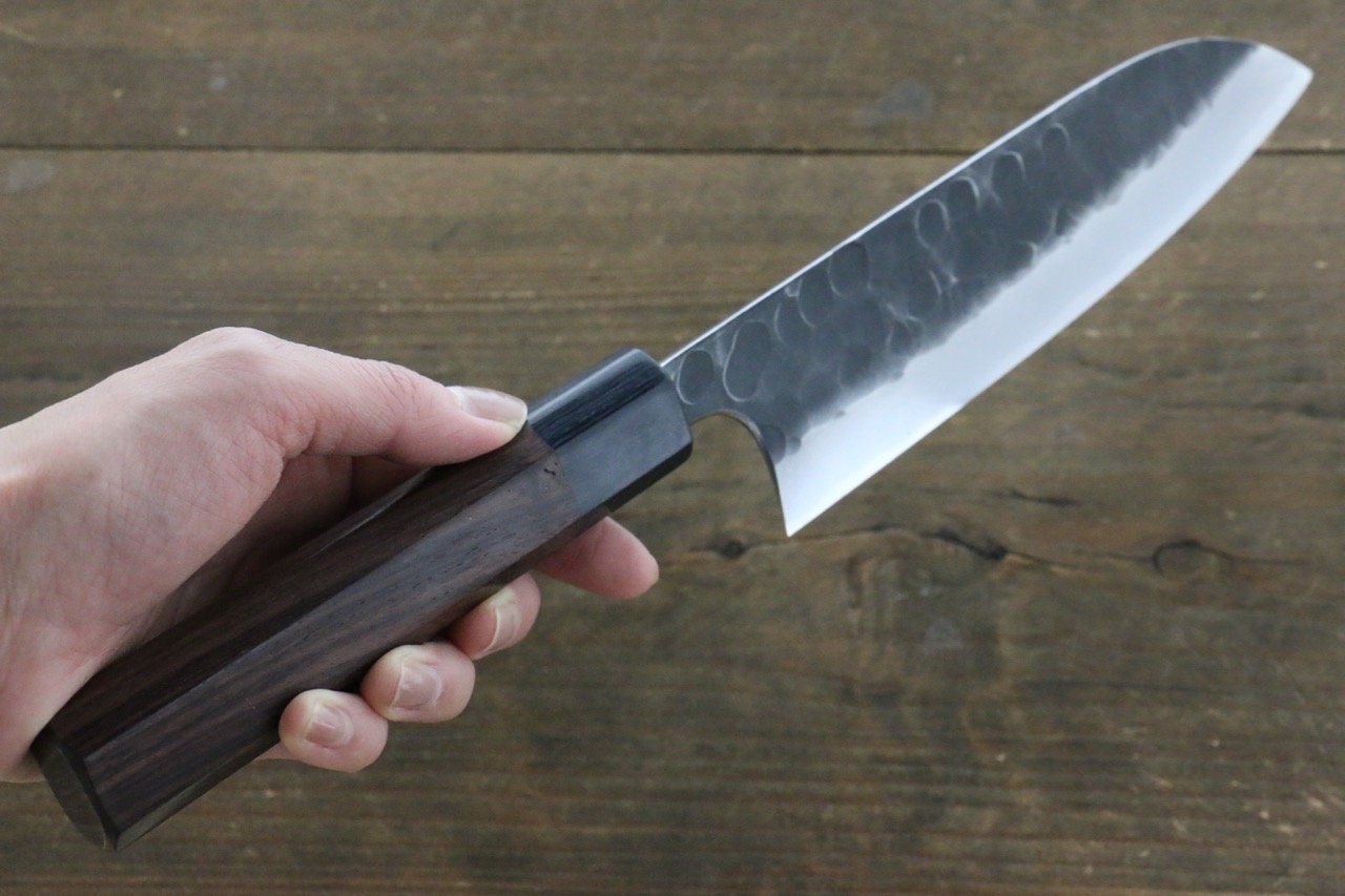 Seisuke Blue Steel No.2 Hammered Kurouchi Santoku 165mm Shitan Handle - Seisuke Knife