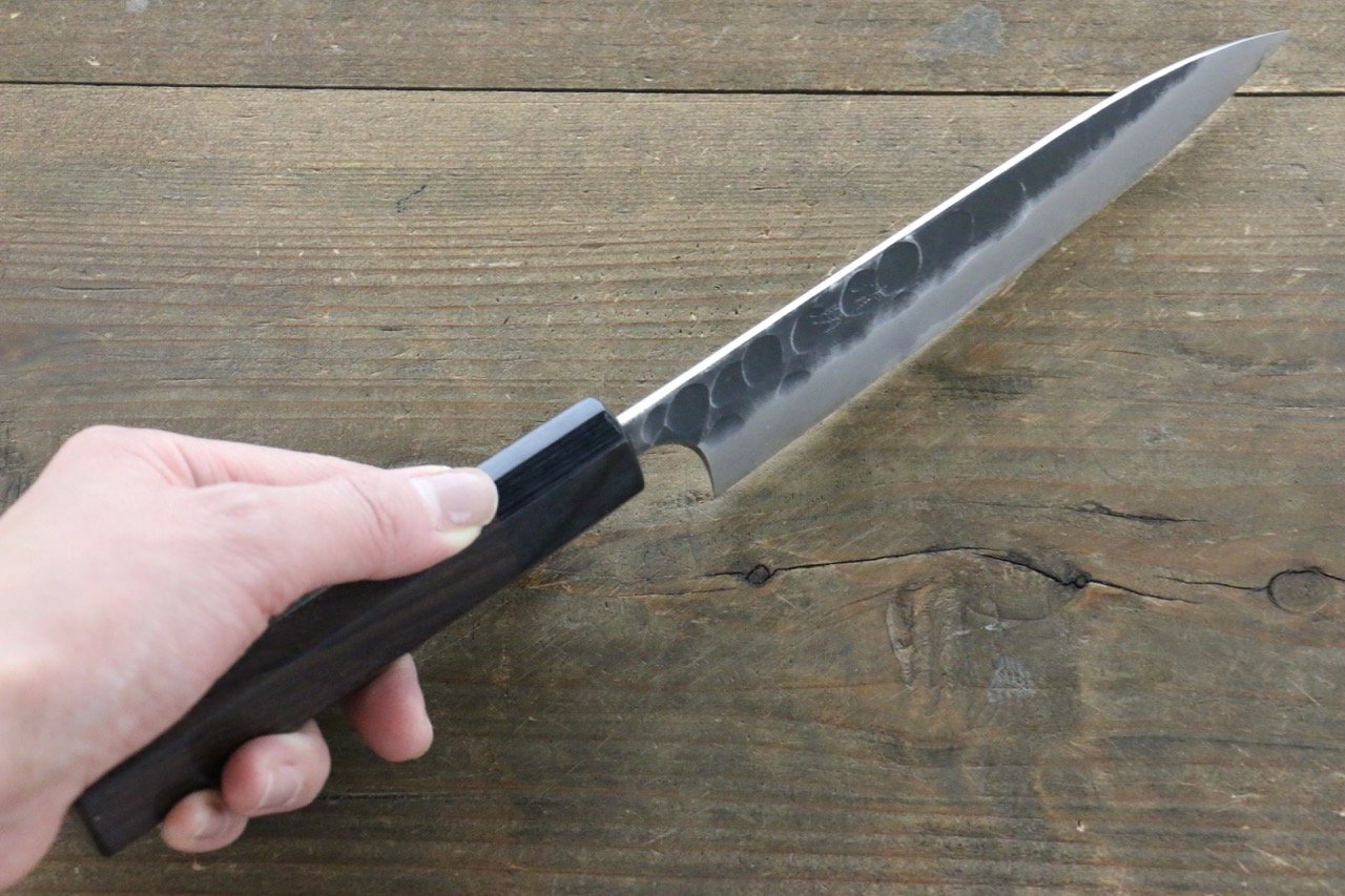 Seisuke Blue Steel No.2 Hammered Kurouchi Petty-Utility 150mm Shitan Handle - Seisuke Knife