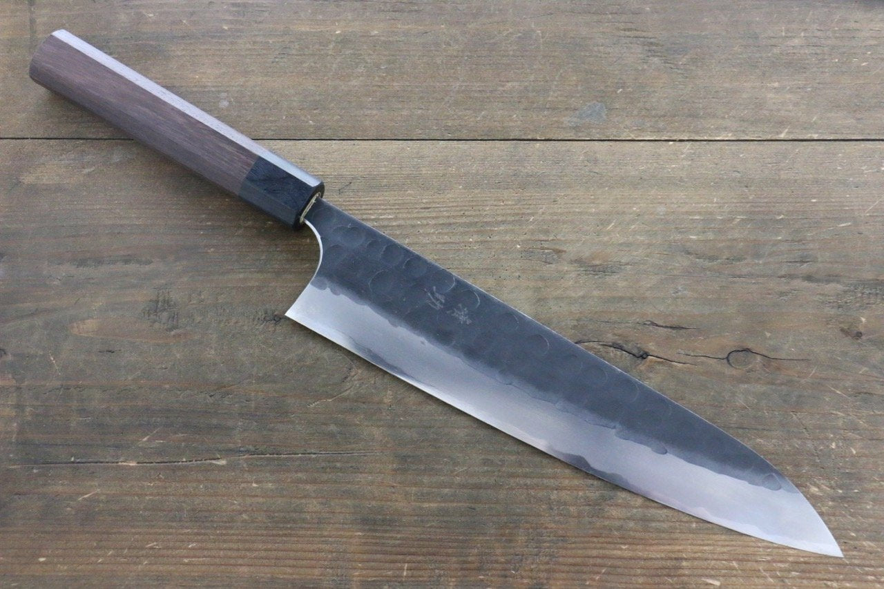 Seisuke Blue Steel No.2 Hammered Kurouchi Gyuto 240mm Shitan Handle - Seisuke Knife