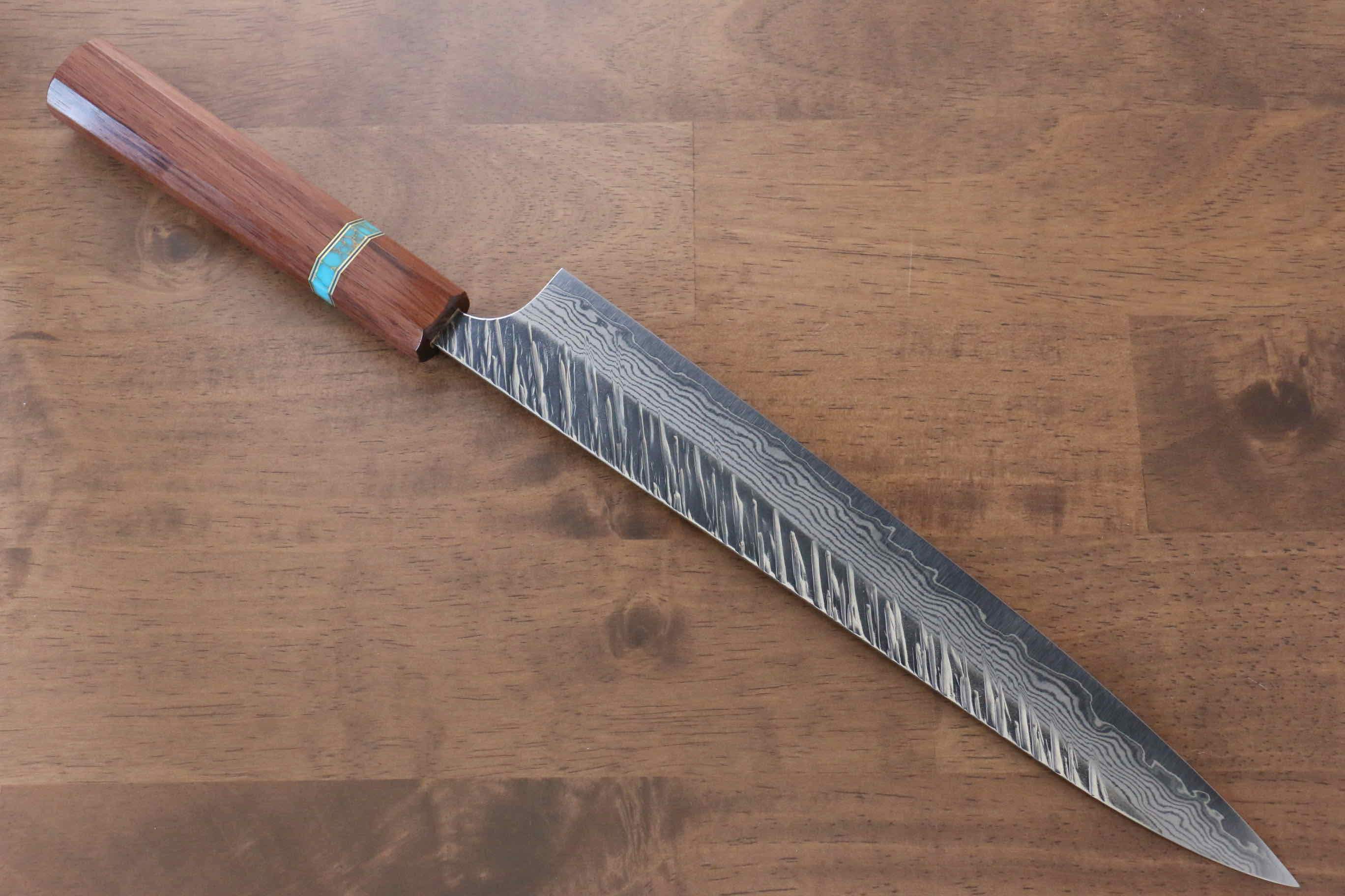 Yu Kurosaki Fujin VG10 Hammered Sujihiki 270mm Maple(With turquoise ring Brown) Handle - Seisuke Knife
