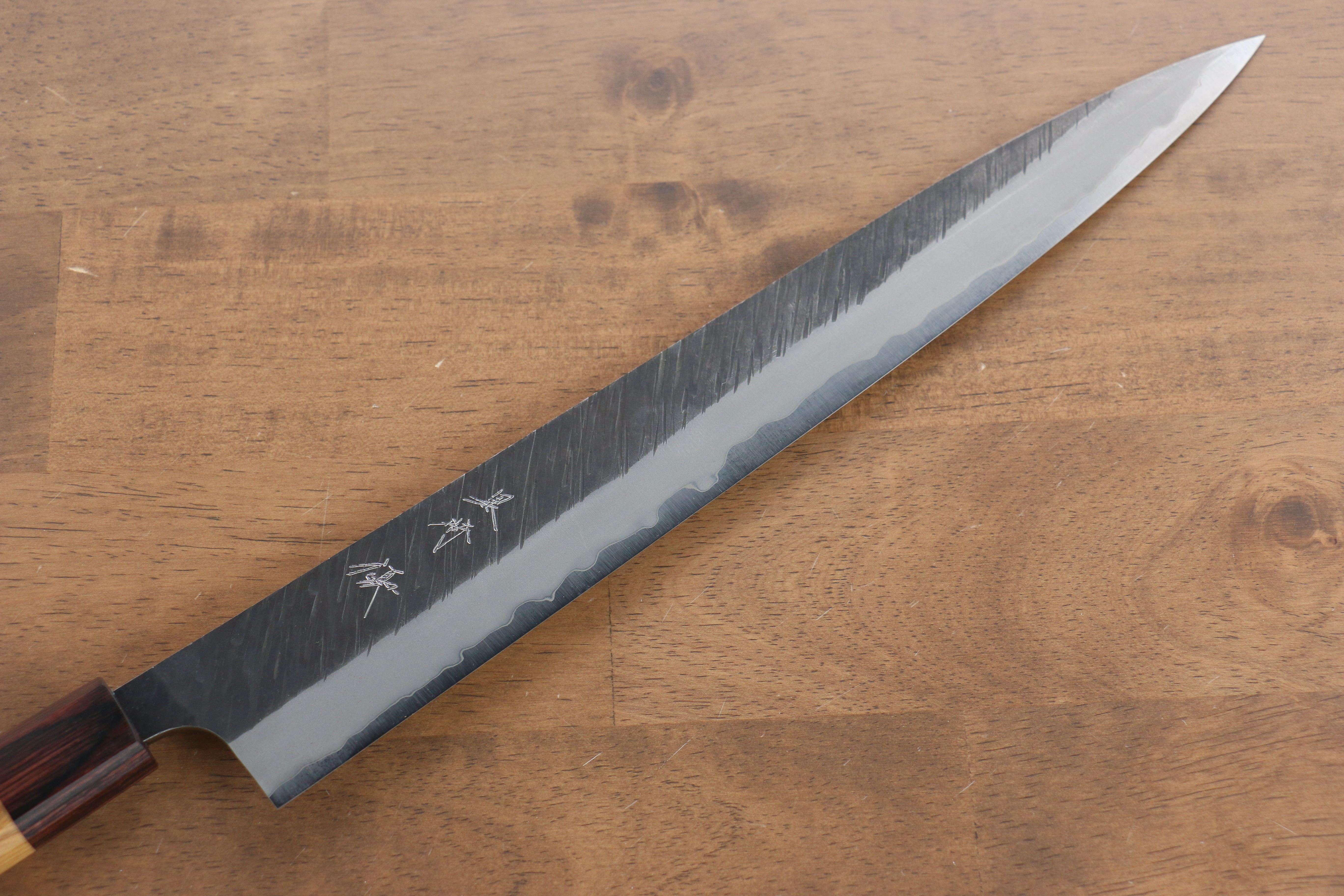 Yu Kurosaki Fujin Blue Super Hammered Sujihiki 300mm Keyaki Elm Handle - Seisuke Knife