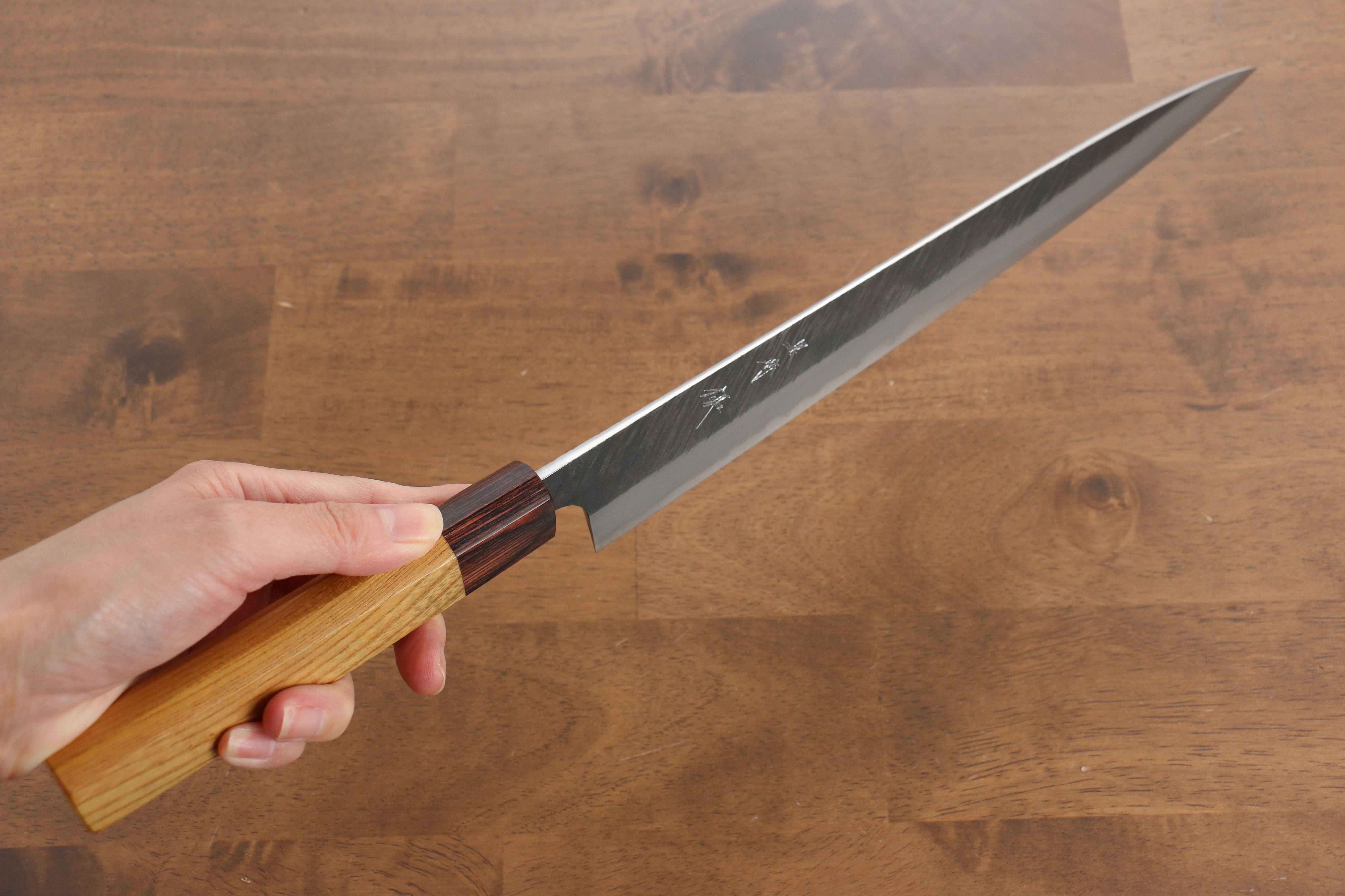 Yu Kurosaki Fujin Blue Super Hammered Sujihiki 300mm Keyaki Elm Handle - Seisuke Knife