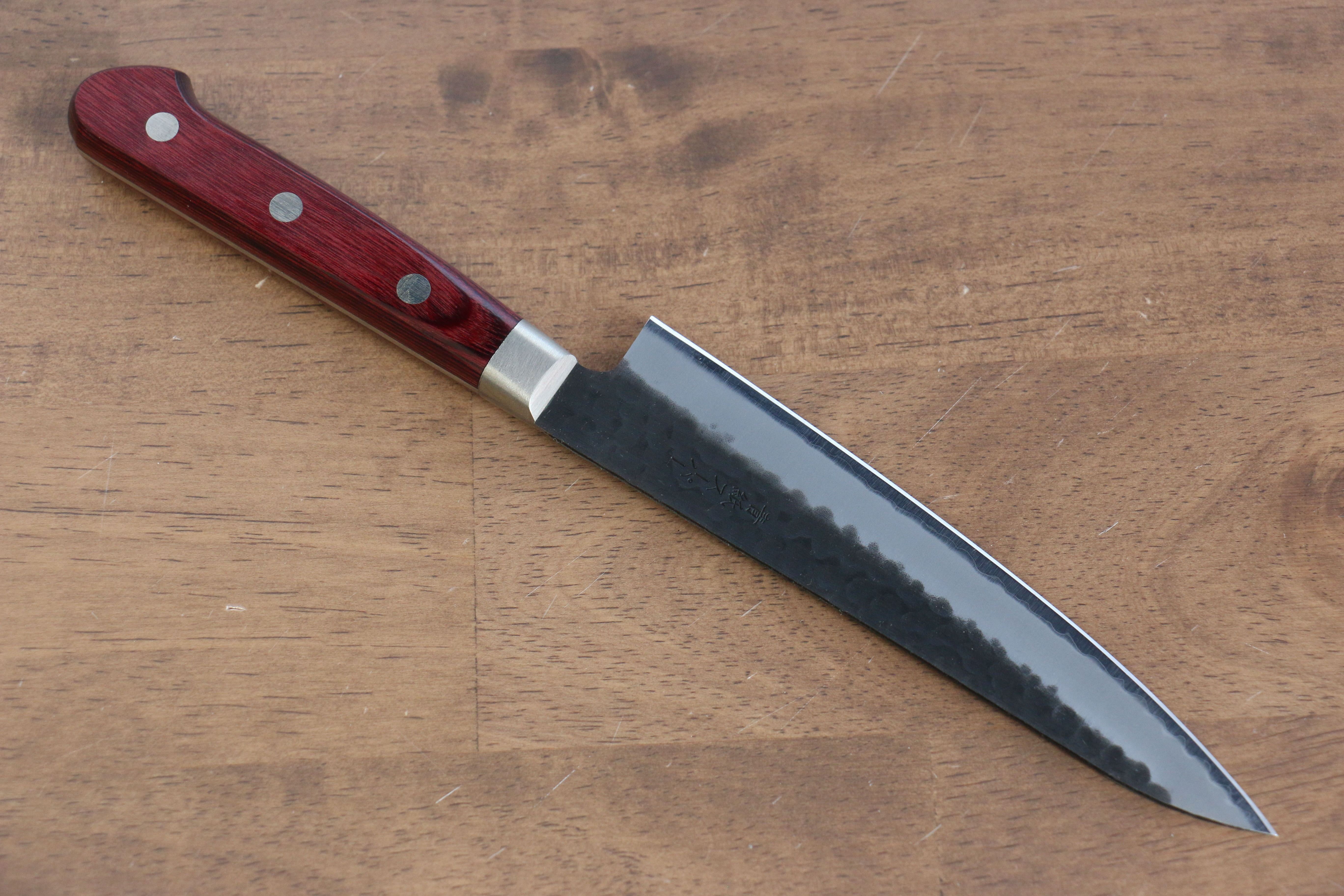 Seisuke Blue Super Hammered Kurouchi Petty-Utility 135mm Red Pakkawood Handle - Seisuke Knife