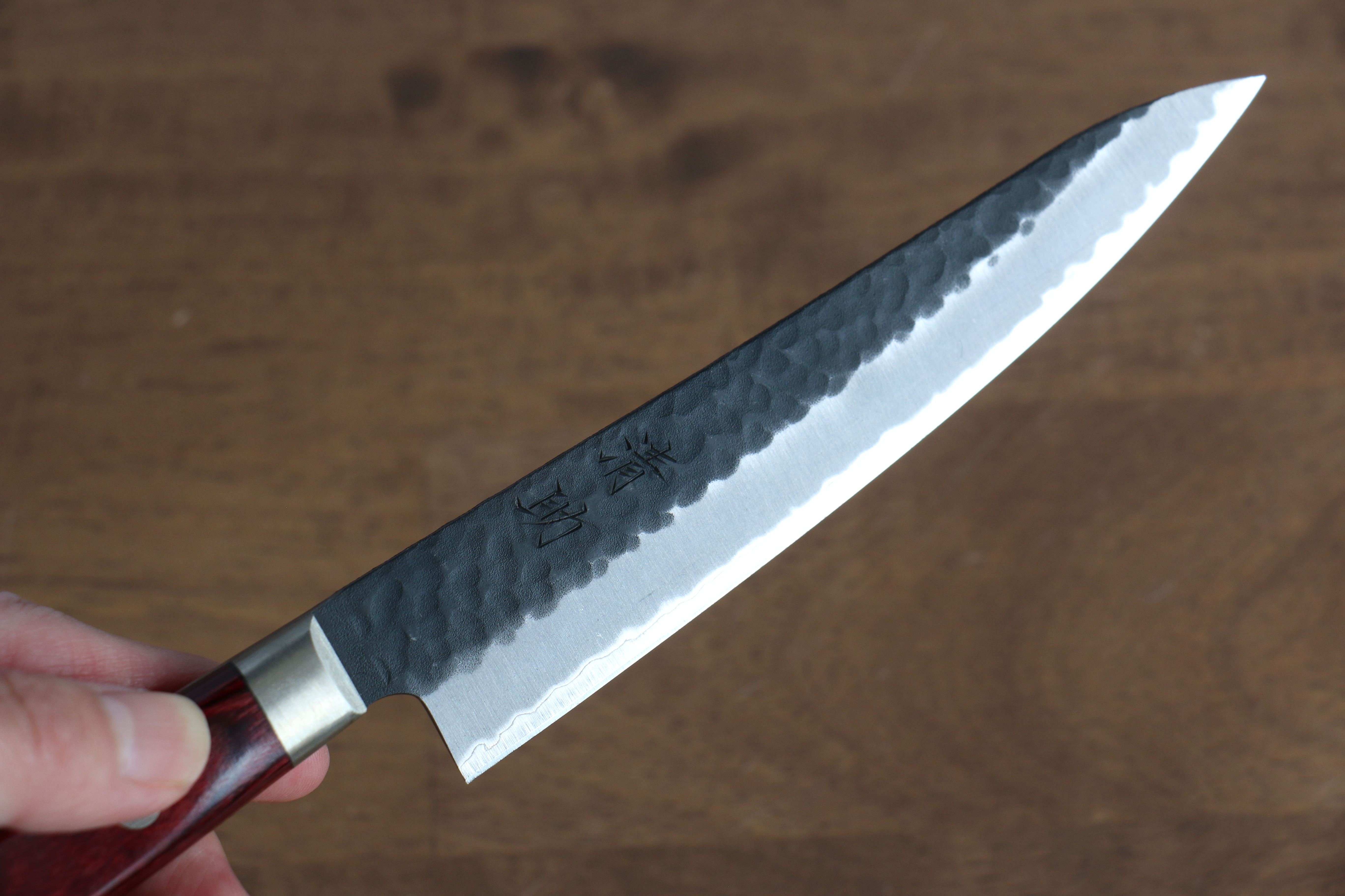 Seisuke Blue Super Hammered Kurouchi Petty-Utility 135mm Red Pakkawood Handle - Seisuke Knife