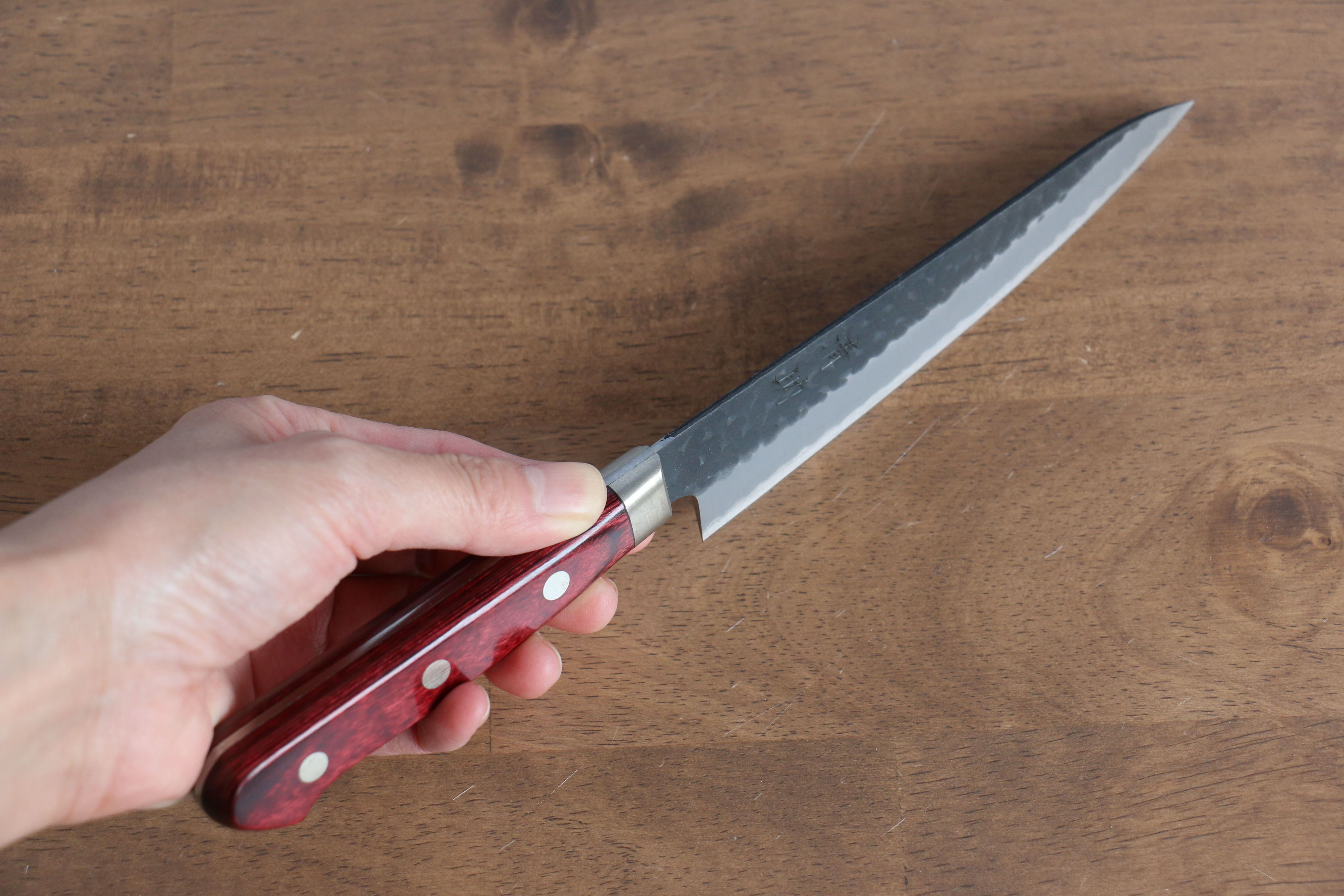 Seisuke Blue Super Hammered Kurouchi Petty-Utility 135mm Red Pakkawood Handle - Seisuke Knife