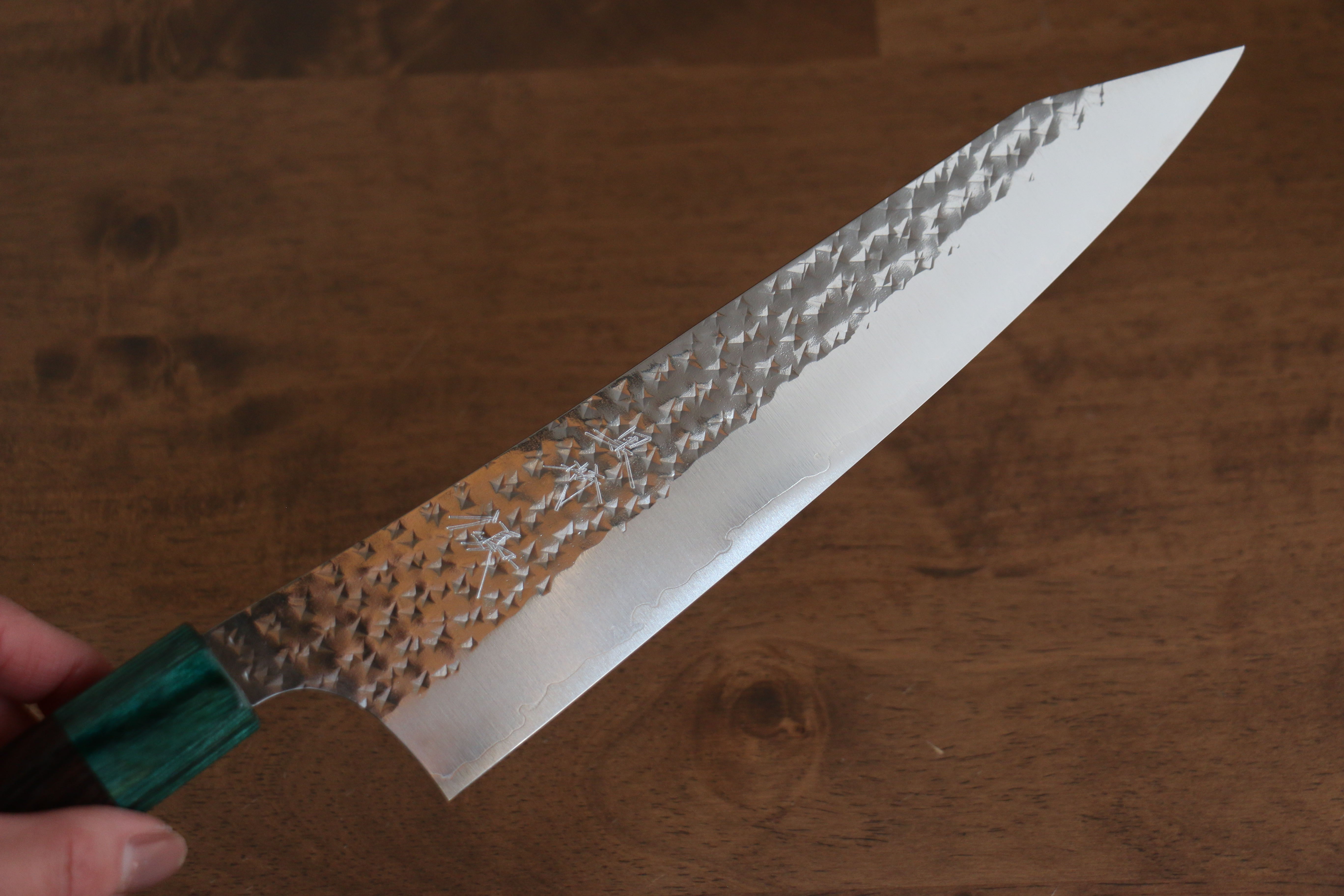 Yu Kurosaki Senko Ei SG2 Hammered Gyuto 210mm Rosewood (ferrule: Green Pakka wood) Handle - Seisuke Knife