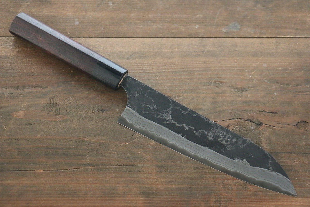 Shungo Ogata White Steel No.2 Kurouchi Damascus Santoku 180mm Shitan Handle - Seisuke Knife