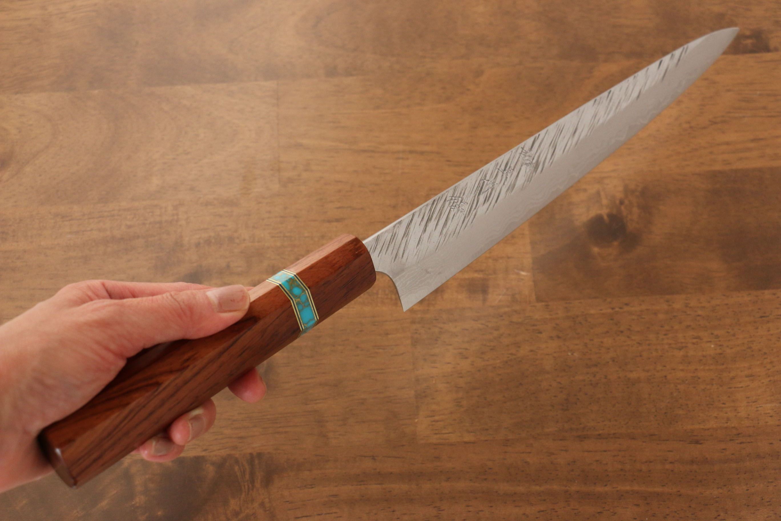 Yu Kurosaki Fujin VG10 Hammered Sujihiki 240mm Maple(With turquoise ring Brown) Handle - Seisuke Knife