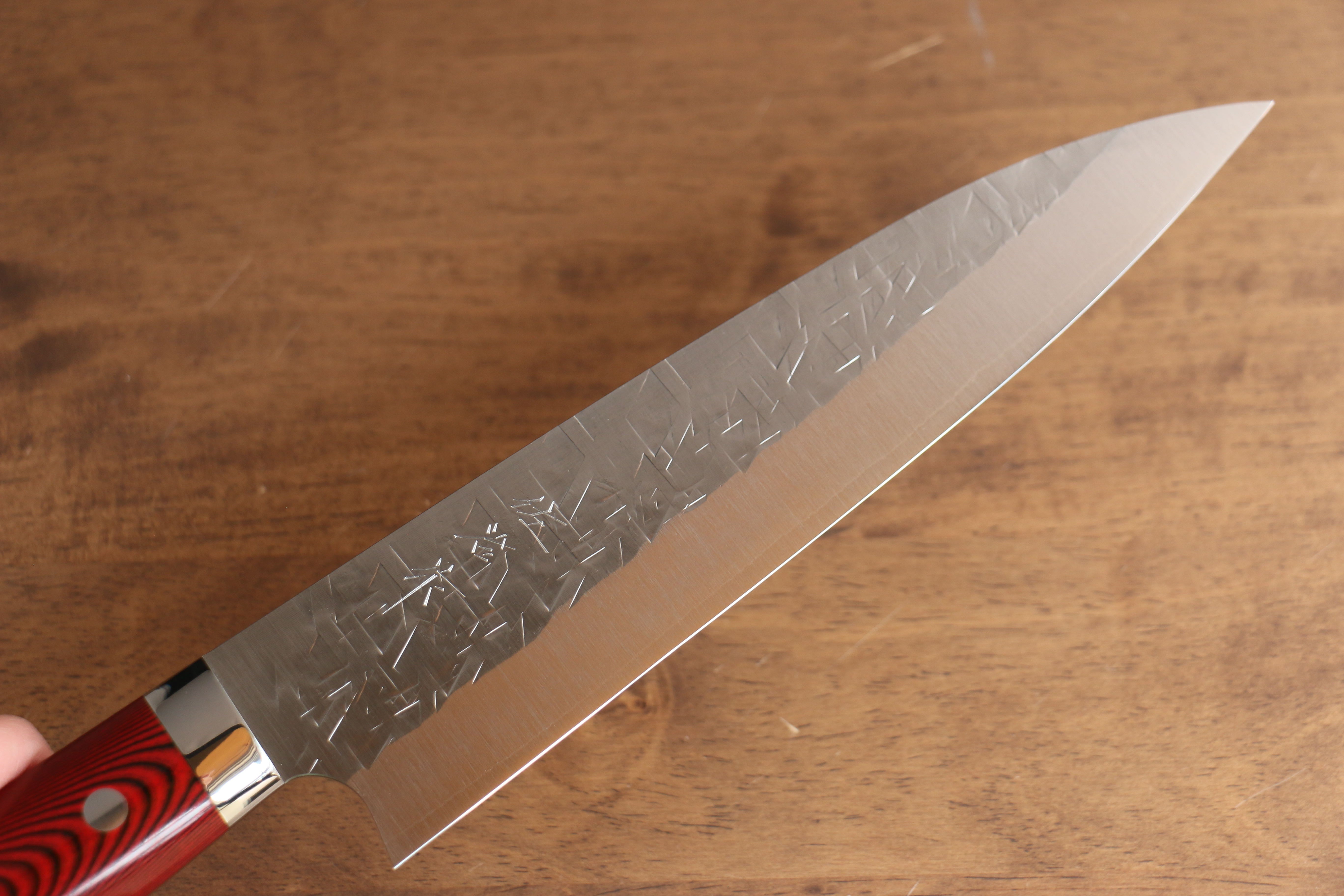 Takeshi Saji SRS13 Hammered Gyuto 210mm Red Micarta Handle - Seisuke Knife