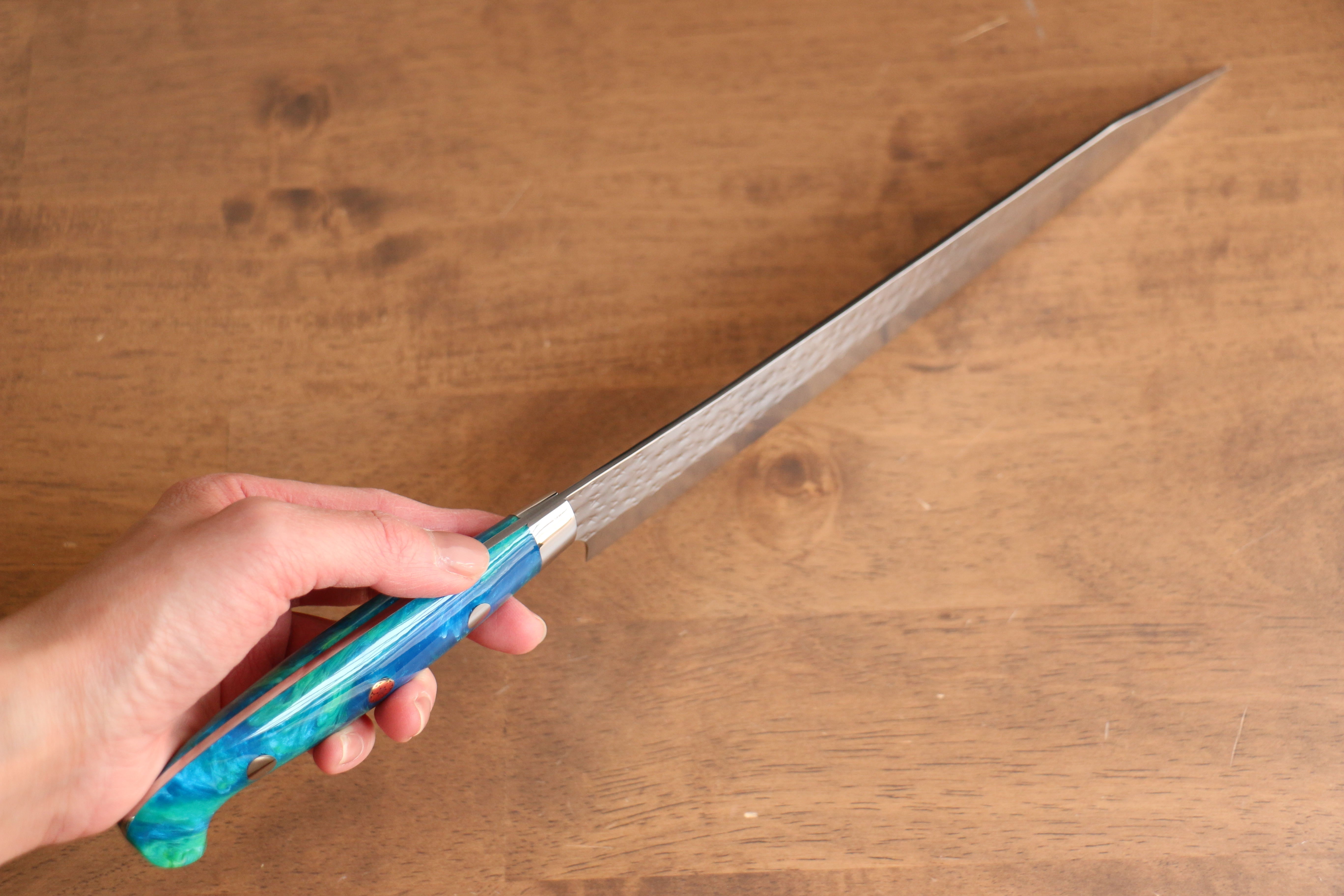 Yu Kurosaki Senko Ei SG2 Hammered Sujihiki 240mm Blue Green Acrylic Handle - Seisuke Knife