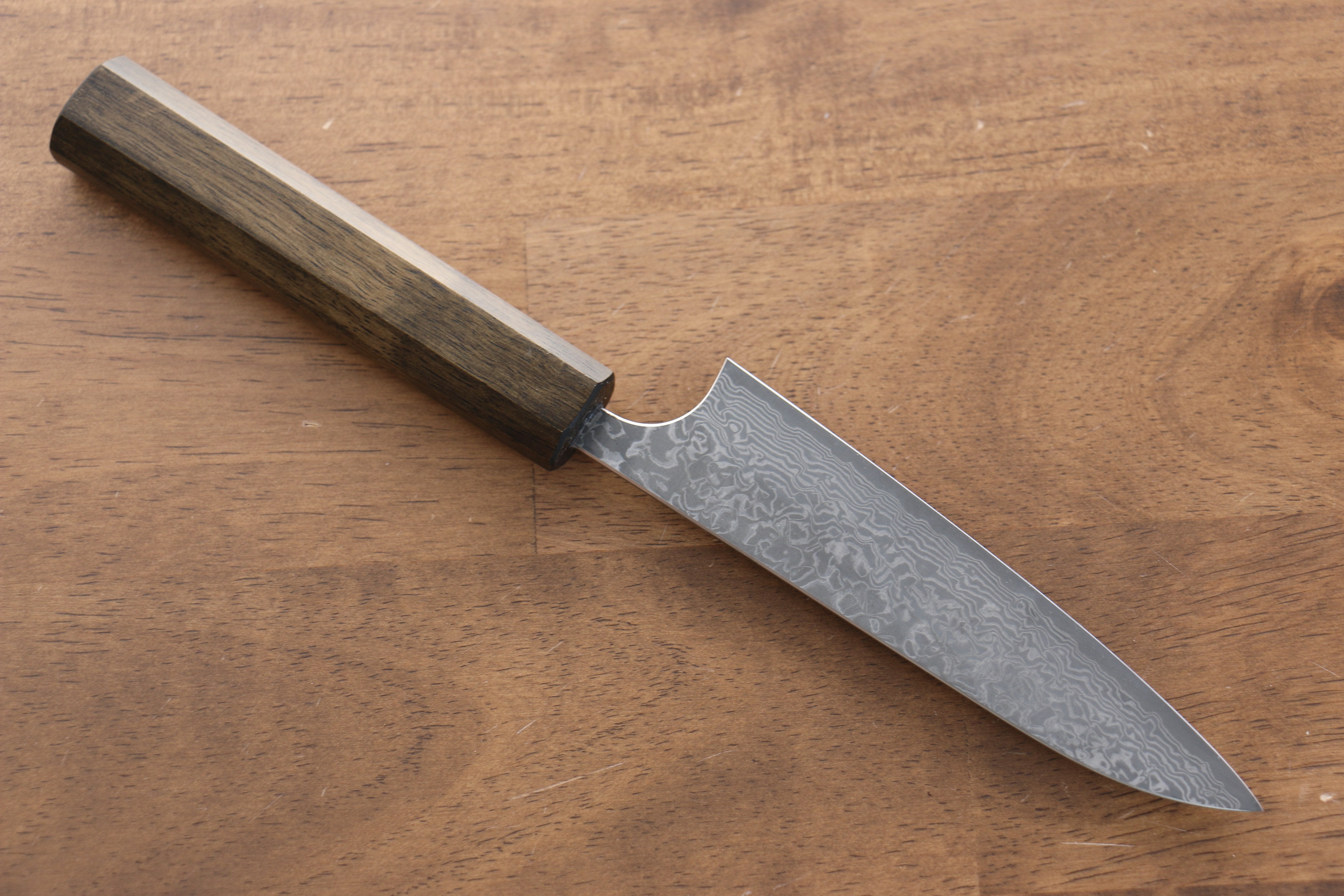 Yoshimi Kato VG10 Black Damascus Petty-Utility 120mm Black Persimmon Black Lacquered Handle - Seisuke Knife