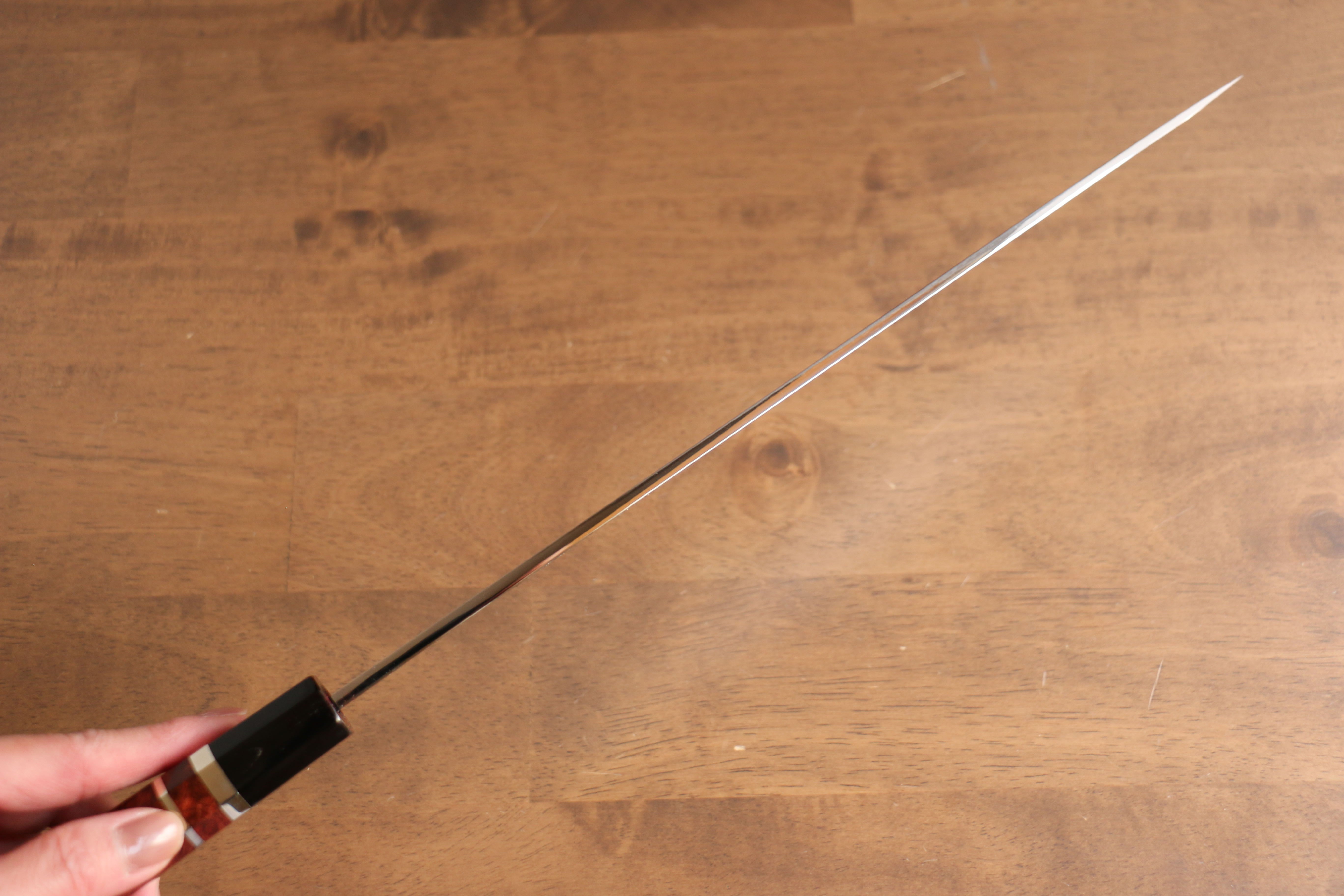 Yu Kurosaki Blue Steel No.2 Mirrored Finish Yanagiba 300mm Chinese Quince with Double Water Buffalo Ring Handle with Sheath - Seisuke Knife