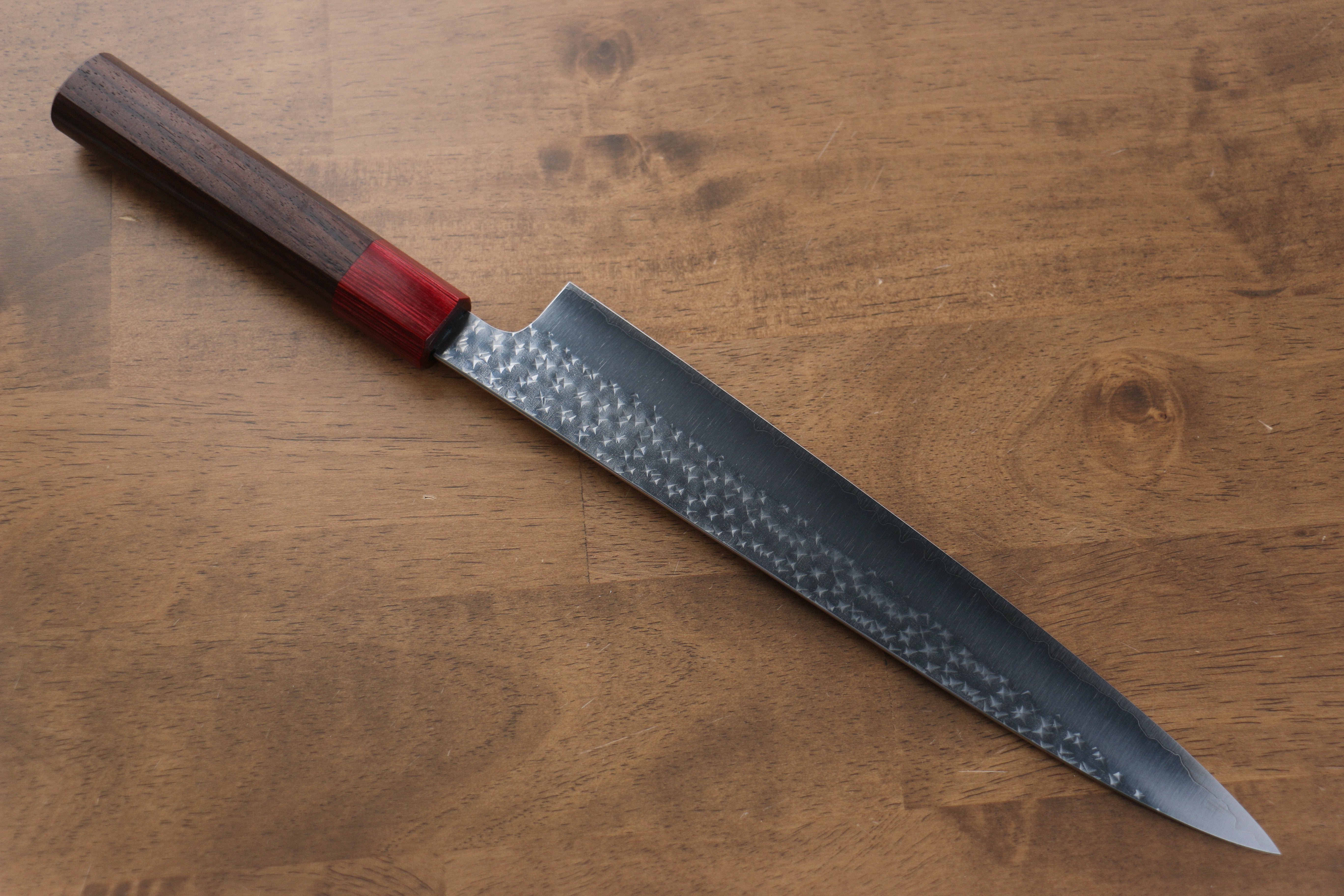 Yu Kurosaki Senko SG2 Hammered Sujihiki 240mm Shitan (ferrule: Red Pakka wood) Handle - Seisuke Knife