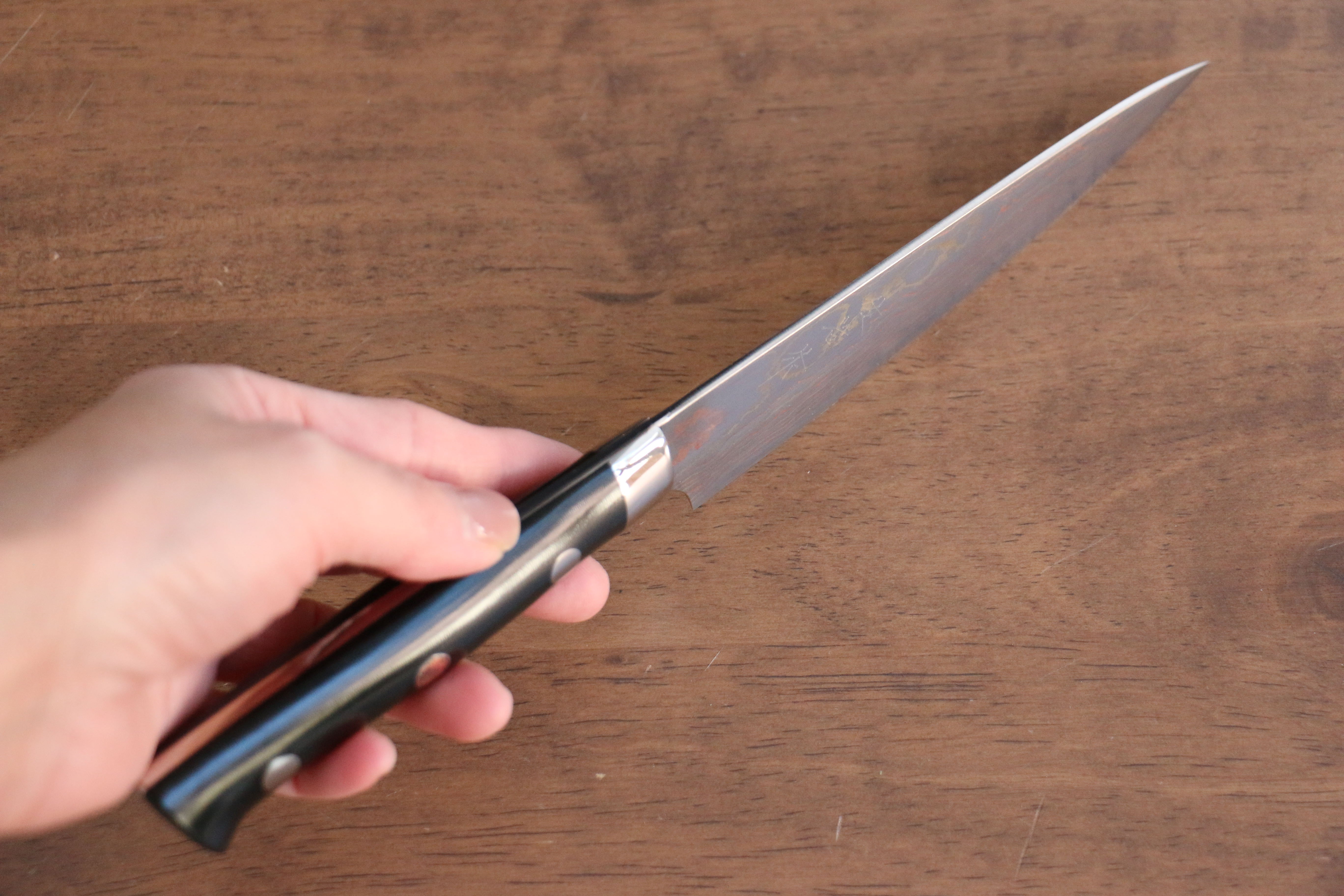 Takeshi Saji Blue Steel No.2 Colored Damascus Petty-Utility 135mm Black Micarta Handle - Seisuke Knife