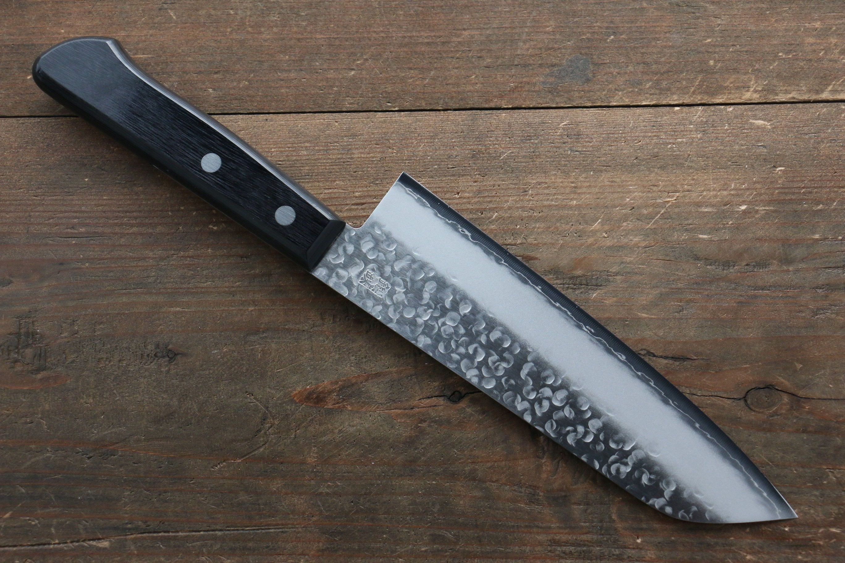 Takamura Knives Chromax Steel Hammered Santoku 170mm with Black Pakkawood Handle - Seisuke Knife