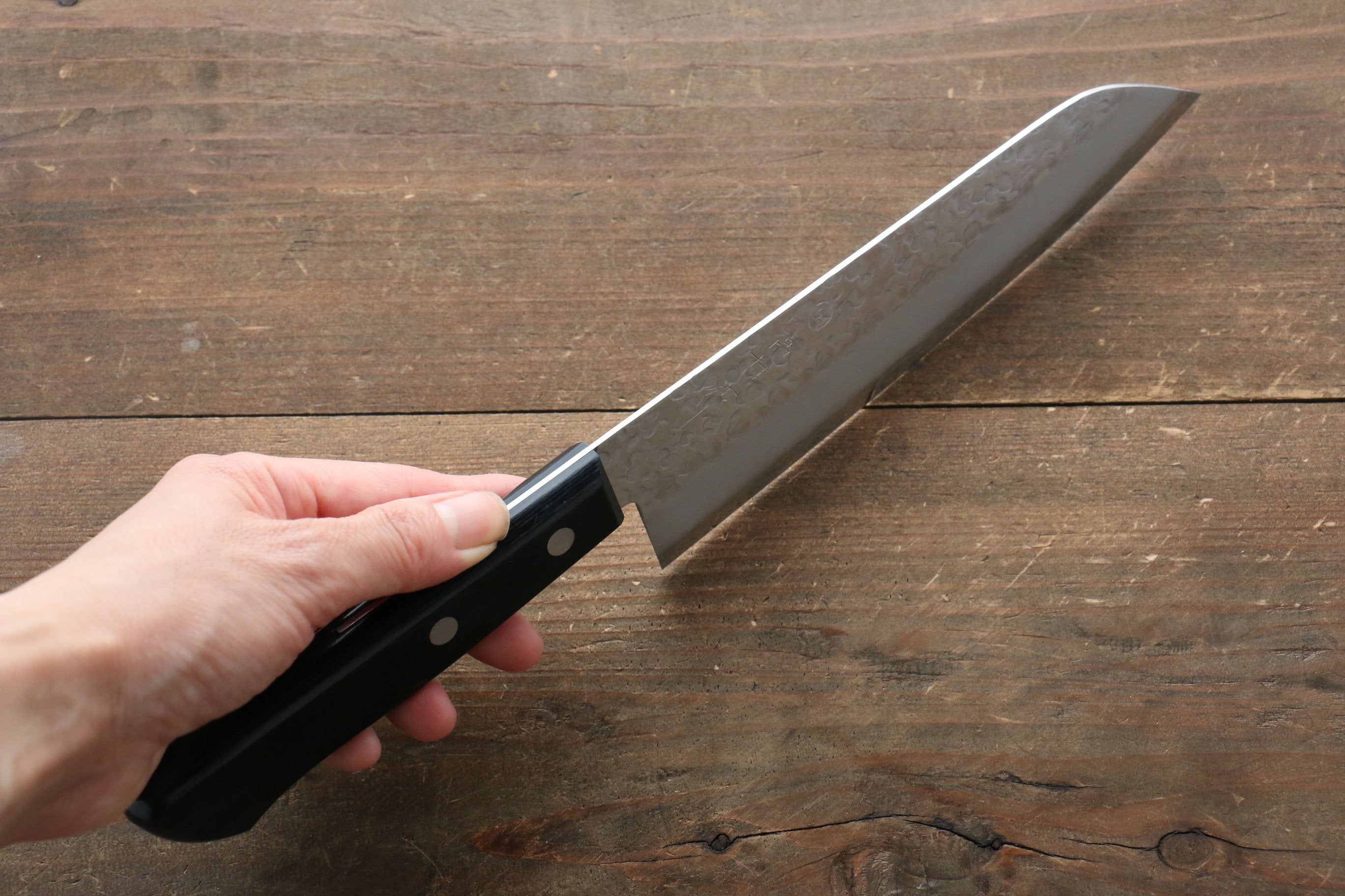 Takamura Knives Chromax Steel Hammered Santoku 170mm with Black Pakkawood Handle - Seisuke Knife