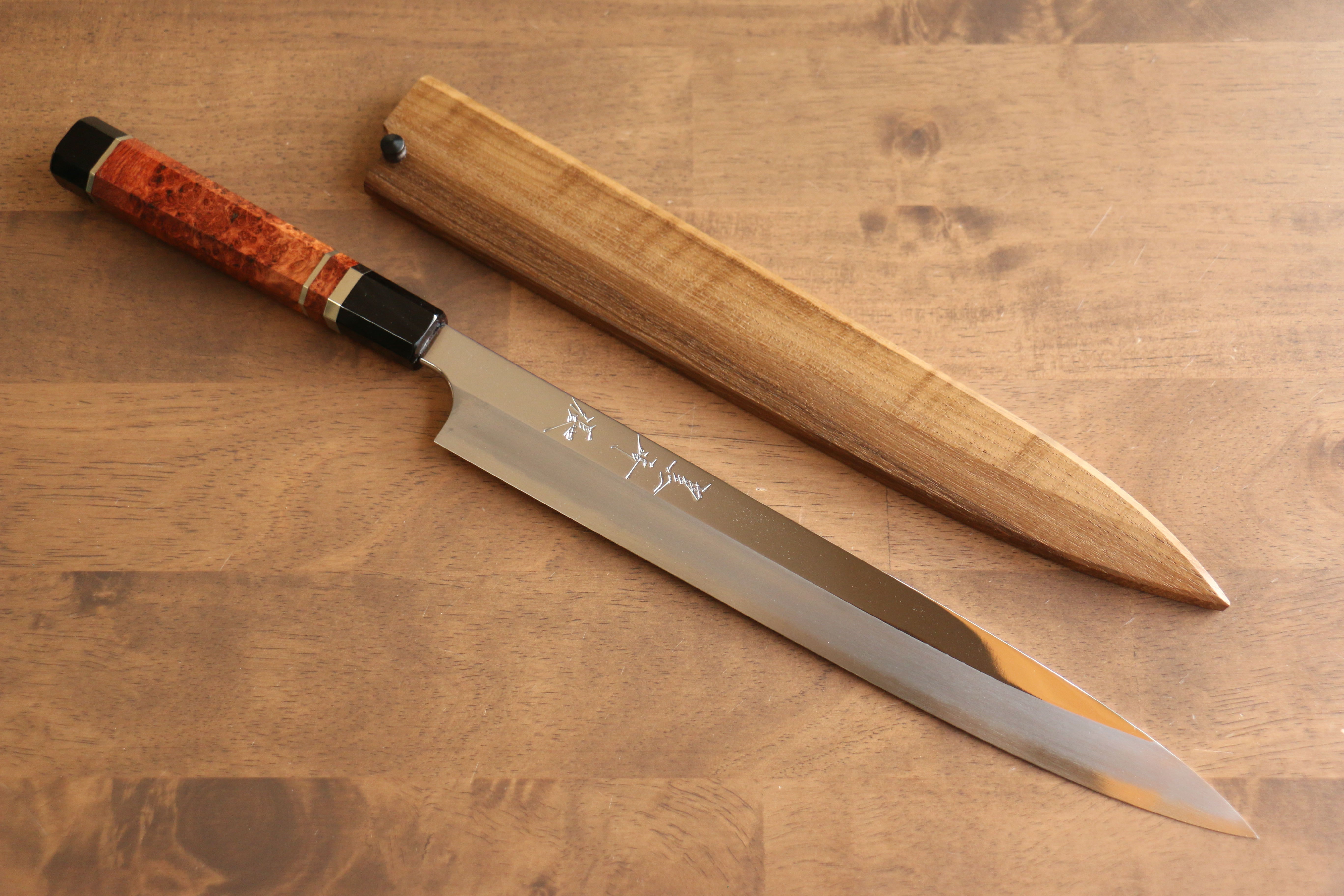 Yu Kurosaki Blue Steel No.2 Mirrored Finish Yanagiba 300mm Chinese Quince with Double Water Buffalo Ring Handle with Sheath - Seisuke Knife