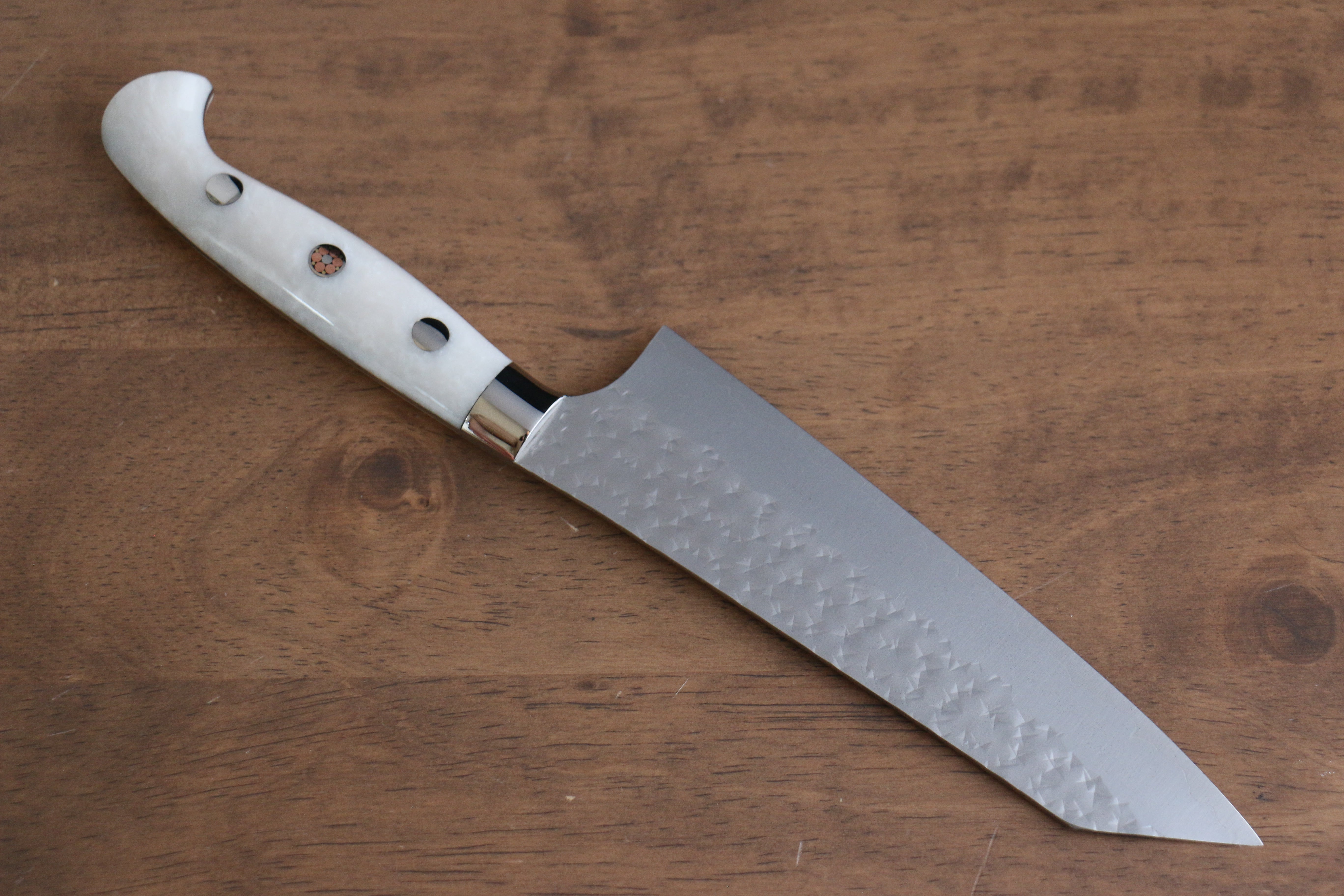 Yu Kurosaki Senko Ei SG2 Hammered Small Santoku 150mm with White Acrylic Handle - Seisuke Knife